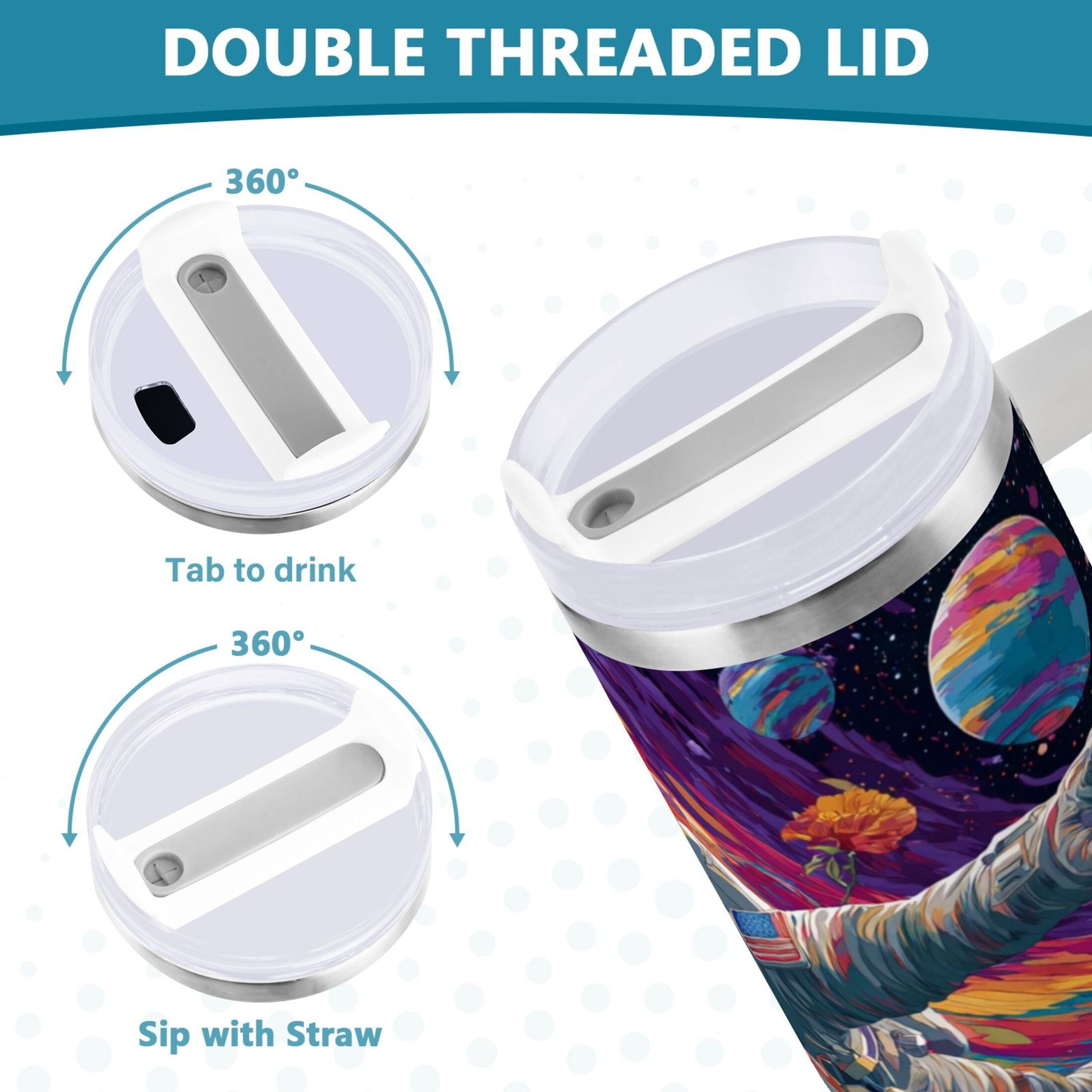40 oz Insulated Stainless Steel Tumbler Double Wall Stainless Steel Tumbler with 2-Way Drinking Colorful Flowers and Planets - Choice 649