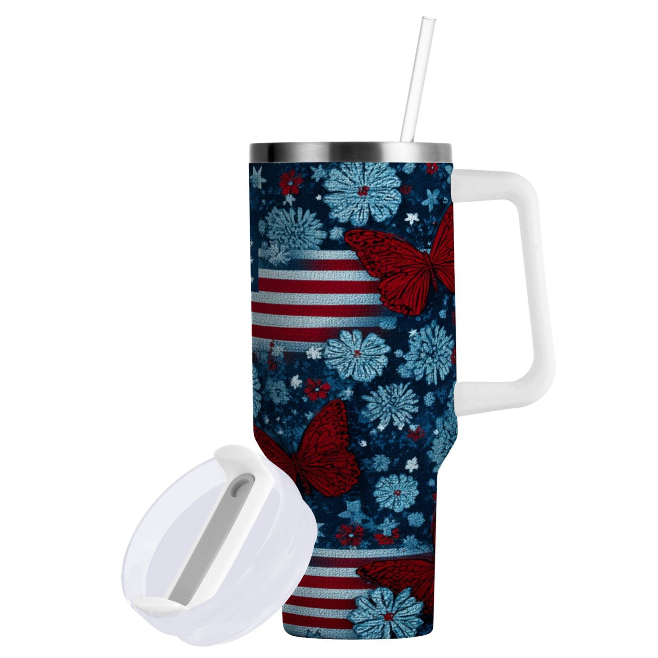 30 oz Insulated Stainless Steel Tumbler Double Wall Stainless Steel Tumbler with 2-Way Drinking Red Butterflies and Flags - Choice 680