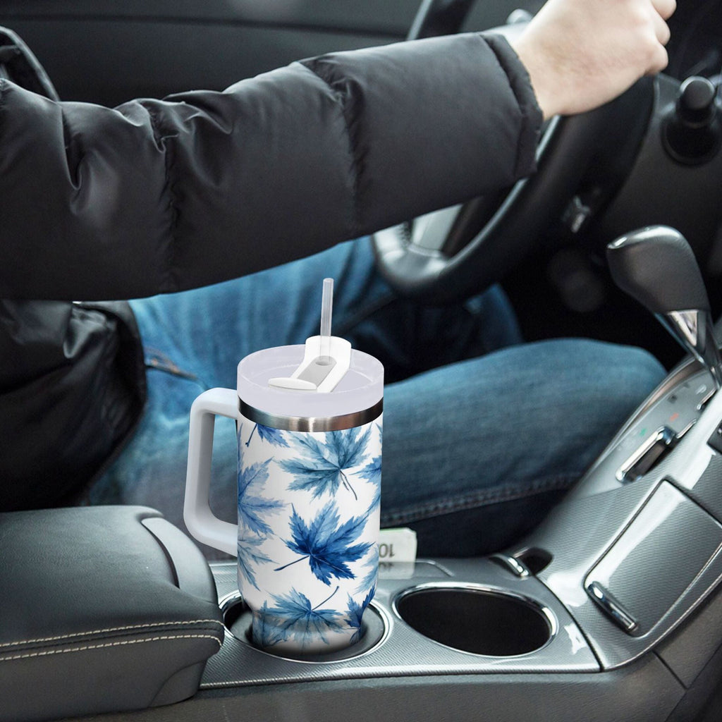 30 oz Insulated Stainless Steel Tumbler Double Wall Stainless Steel Tumbler with 2-Way Drinking Abstract Blue Maple Leaves - Choice 861