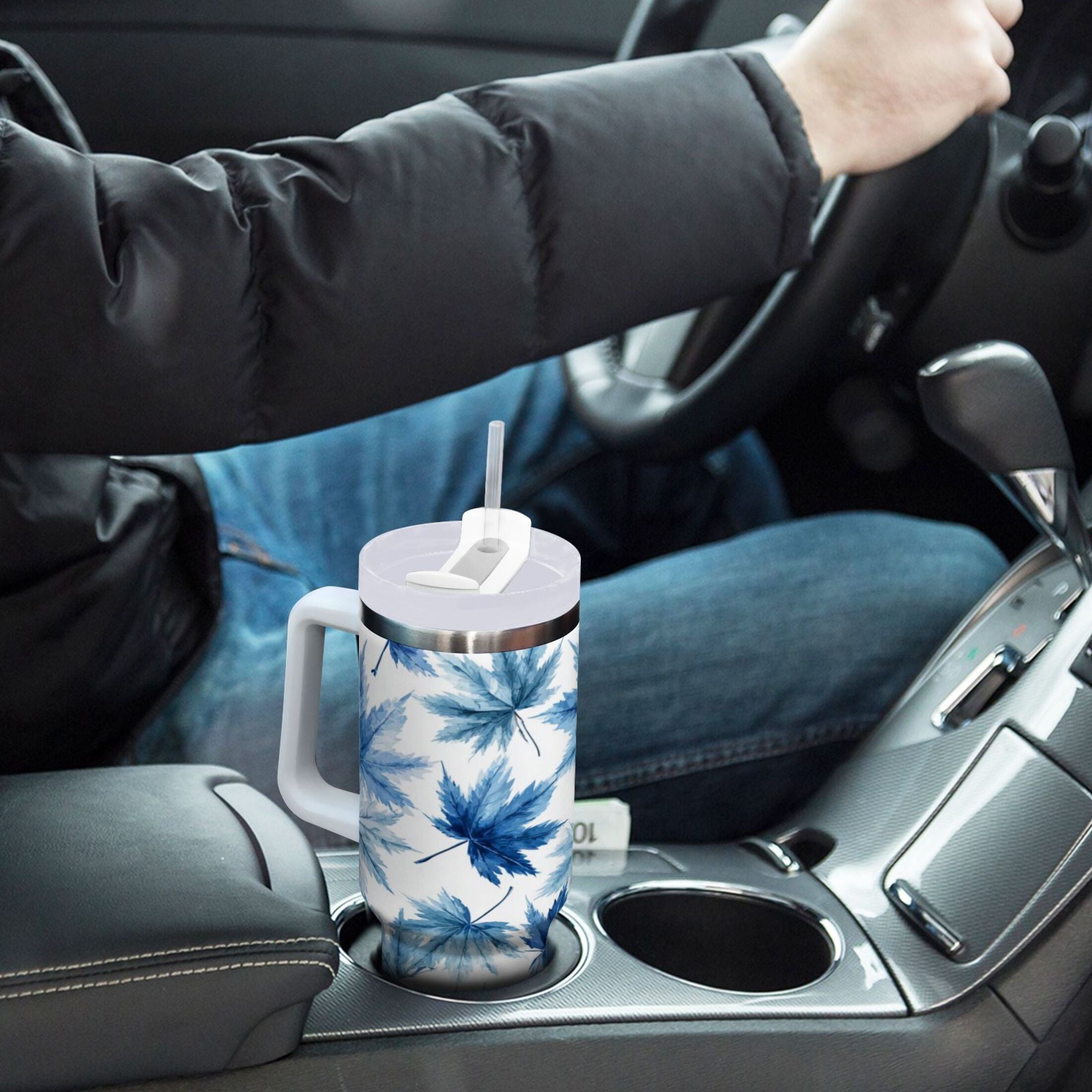 30 oz Insulated Stainless Steel Tumbler Double Wall Stainless Steel Tumbler with 2-Way Drinking Abstract Blue Maple Leaves - Choice 861