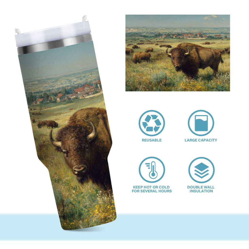 30 oz Insulated Stainless Steel Tumbler Double Wall Stainless Steel Tumbler with 2-Way Drinking Buffalo Herd Oil Painting - Choice 227