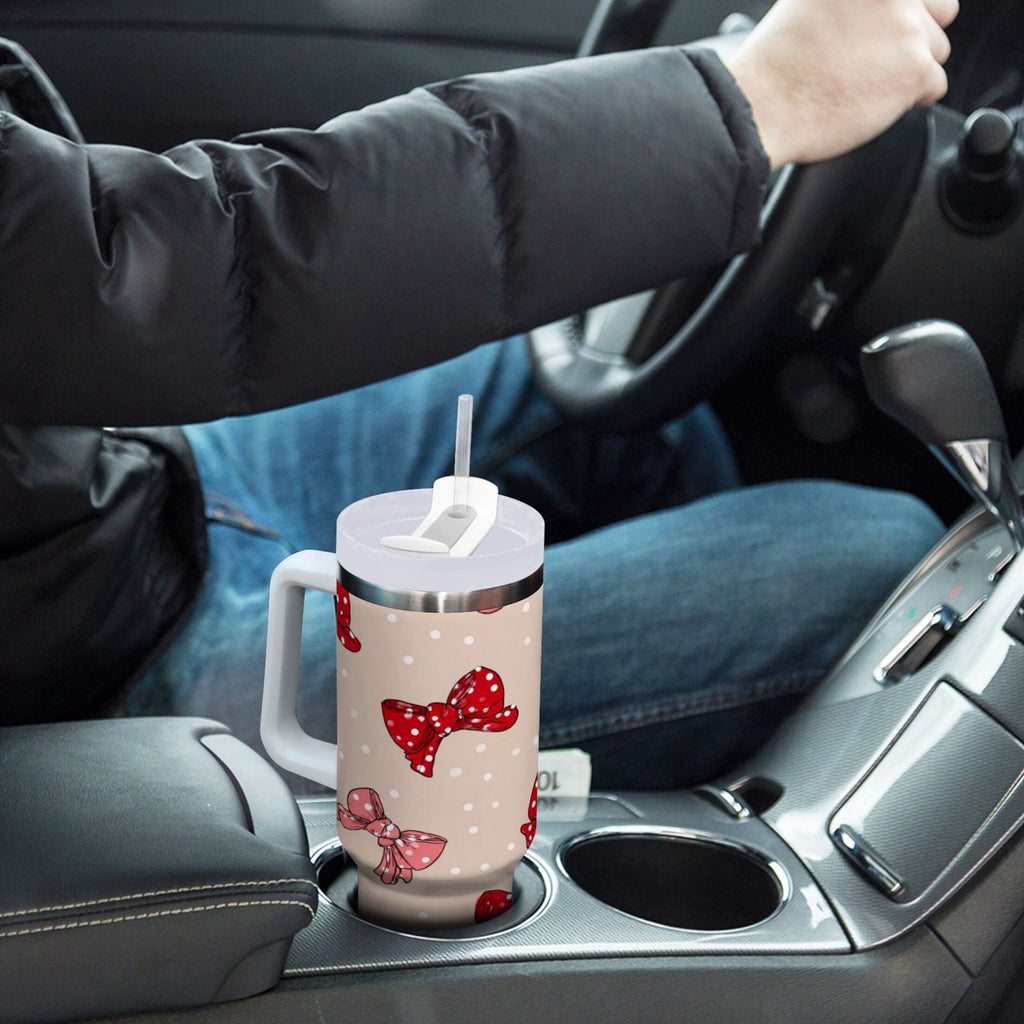 30 oz Insulated Stainless Steel Tumbler Double Wall Stainless Steel Tumbler with 2-Way Drinking Cute Red Bows Pattern - Choice 902