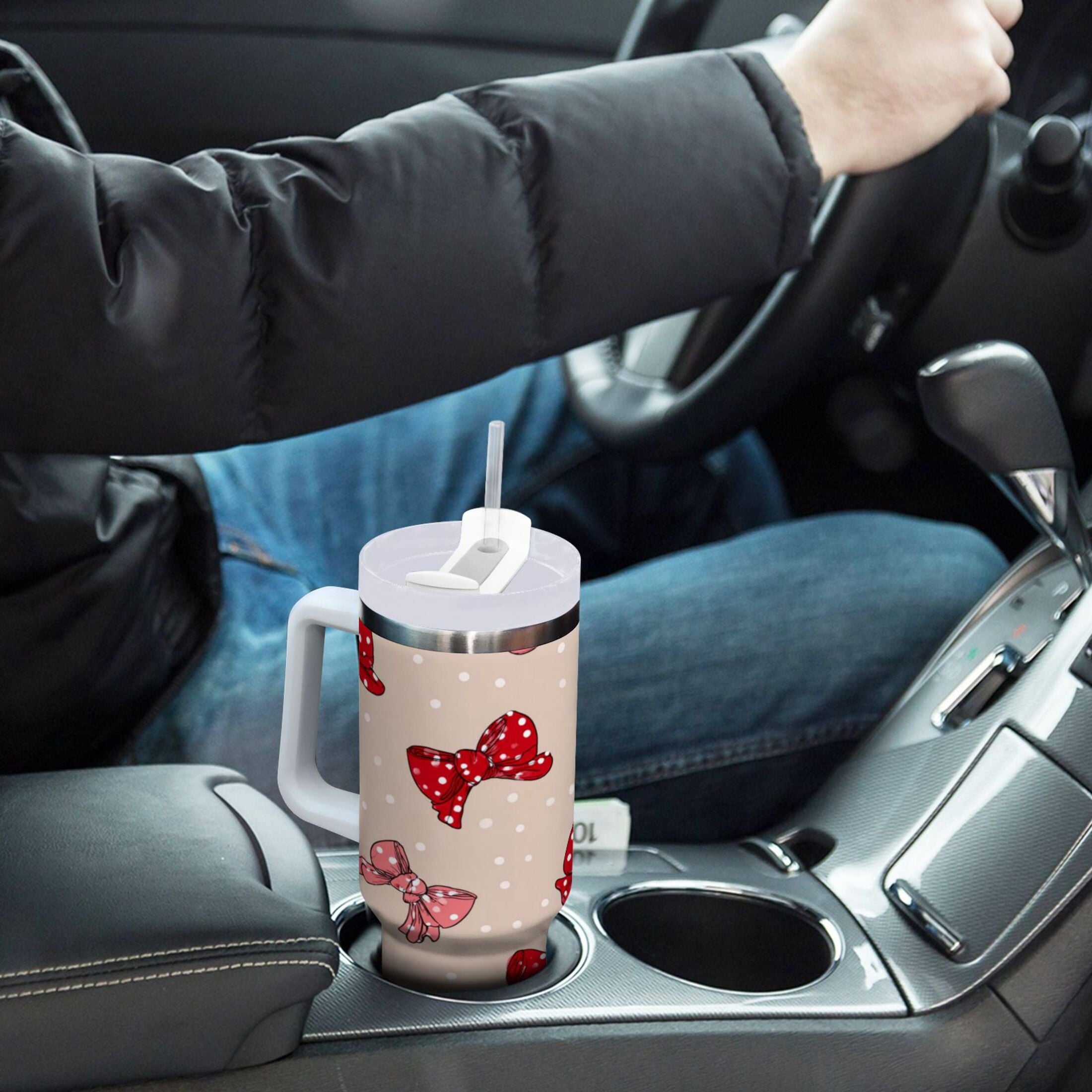 30 oz Insulated Stainless Steel Tumbler Double Wall Stainless Steel Tumbler with 2-Way Drinking Cute Red Bows Pattern - Choice 902