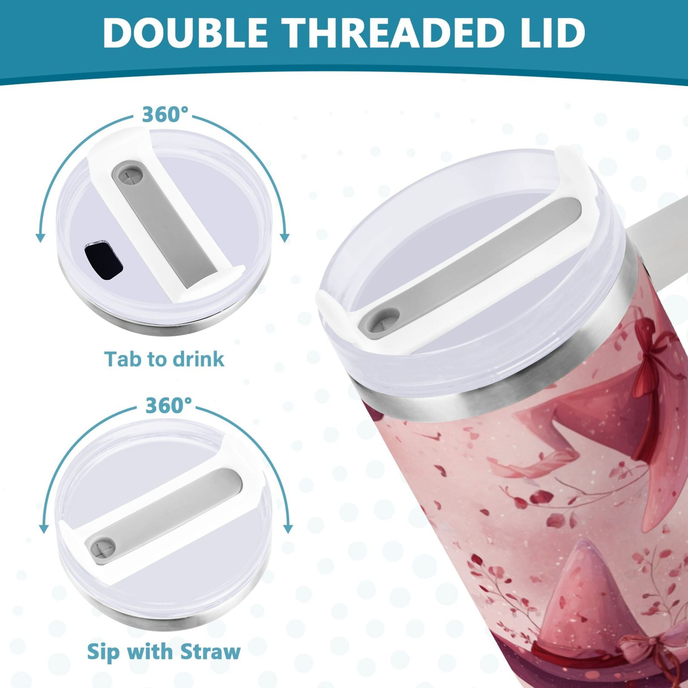 30 oz Insulated Stainless Steel Tumbler Double Wall Stainless Steel Tumbler with 2-Way Drinking Hats with Delicate Bows - Choice 476