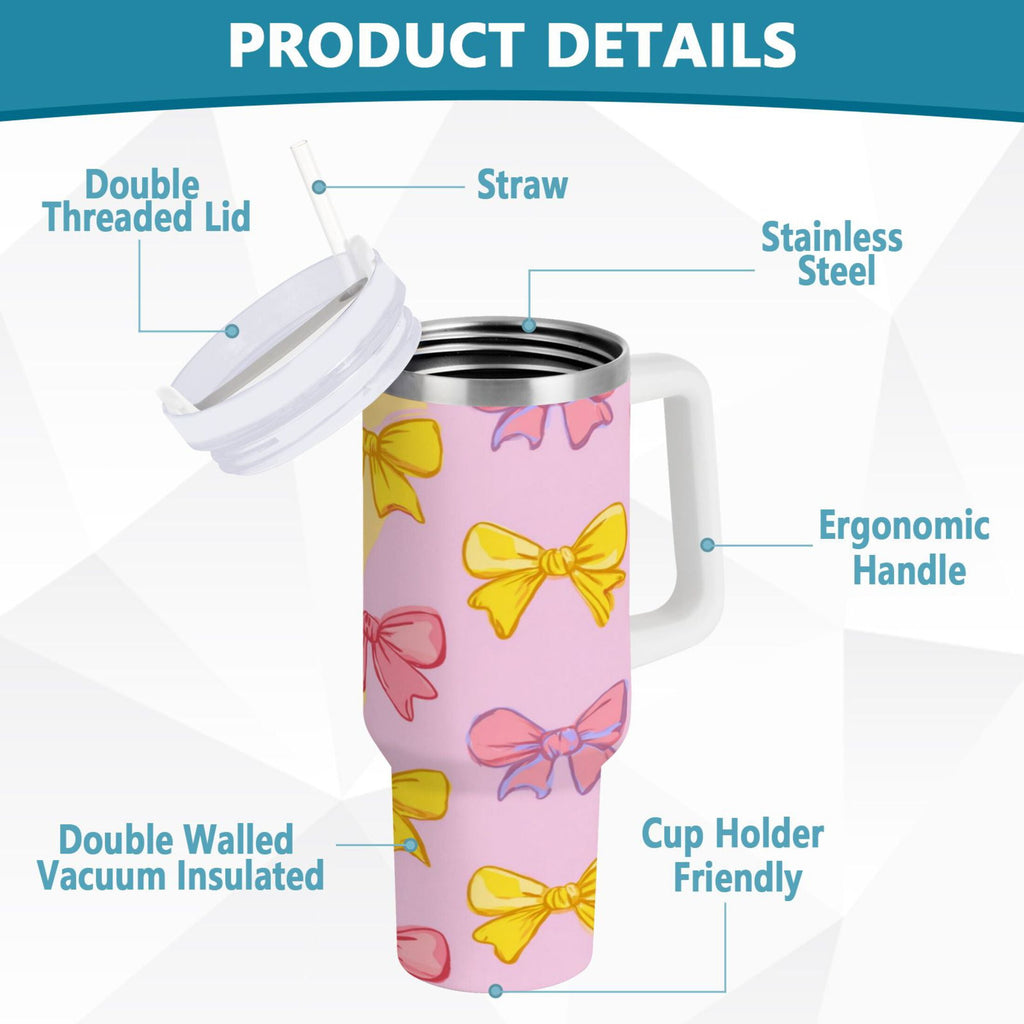 30 oz Insulated Stainless Steel Tumbler Double Wall Stainless Steel Tumbler with 2-Way Drinking Yellow and Pink Bows - Choice 374
