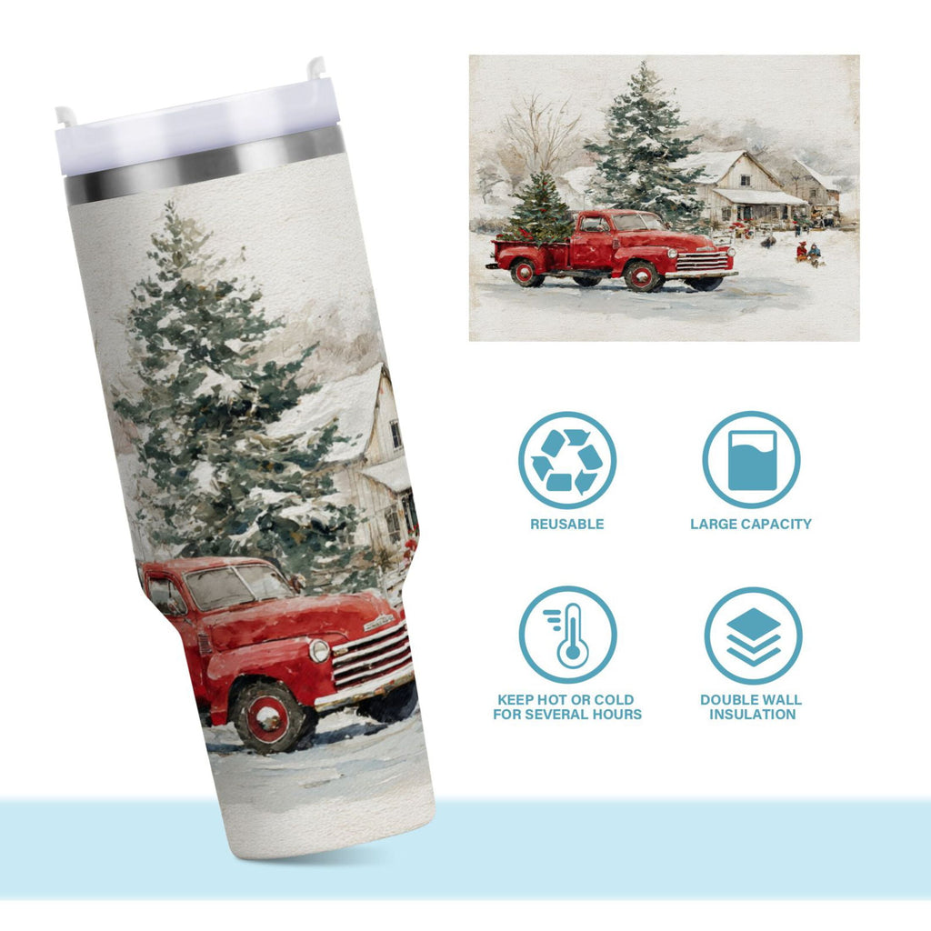 30 oz Insulated Stainless Steel Tumbler Double Wall Stainless Steel Tumbler with 2-Way Drinking Truck with Christmas Decorations - Choice 538