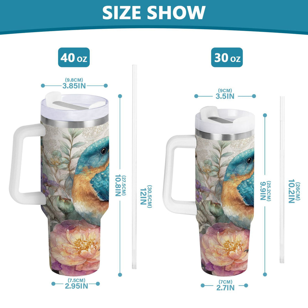 30 oz Insulated Stainless Steel Tumbler Double Wall Stainless Steel Tumbler with 2-Way Drinking Bluebird and Flower - Choice 992