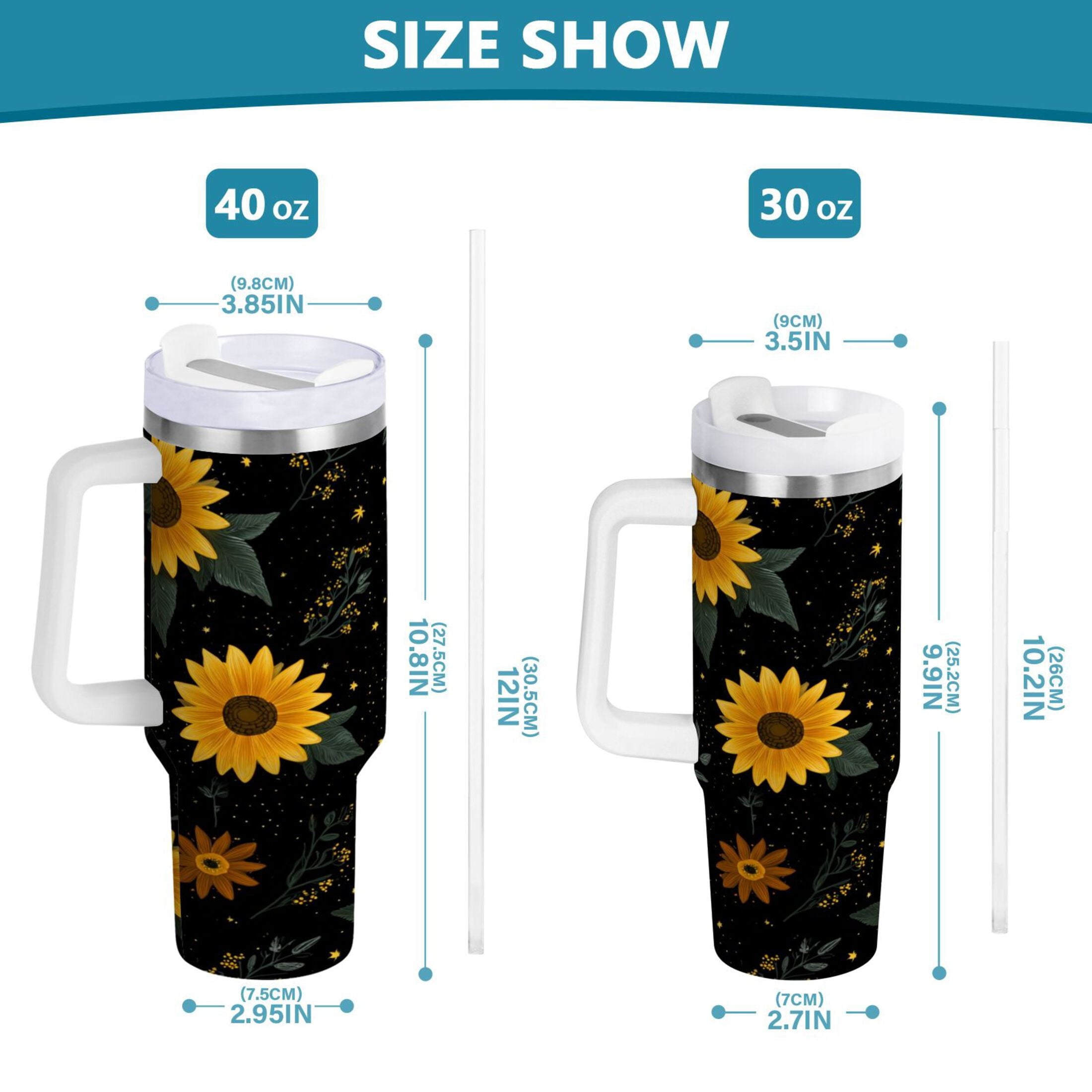 30 oz Insulated Stainless Steel Tumbler Double Wall Stainless Steel Tumbler with 2-Way Drinking Yellow Sunflower Pattern - Choice 158