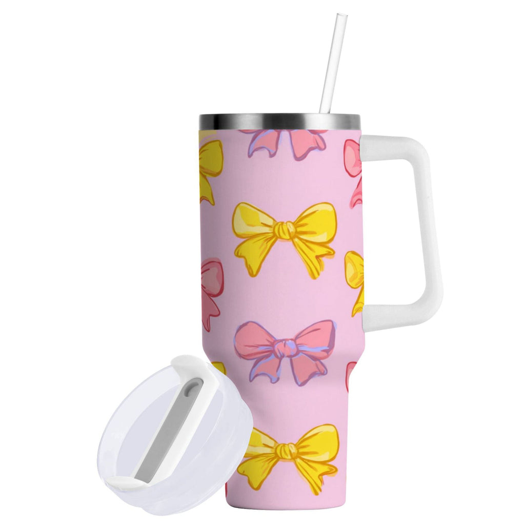 30 oz Insulated Stainless Steel Tumbler Double Wall Stainless Steel Tumbler with 2-Way Drinking Yellow and Pink Bows - Choice 374