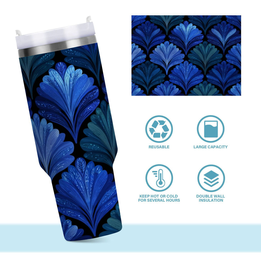 30 oz Insulated Stainless Steel Tumbler Double Wall Stainless Steel Tumbler with 2-Way Drinking Blue Batik Leaves Pattern - Choice 588
