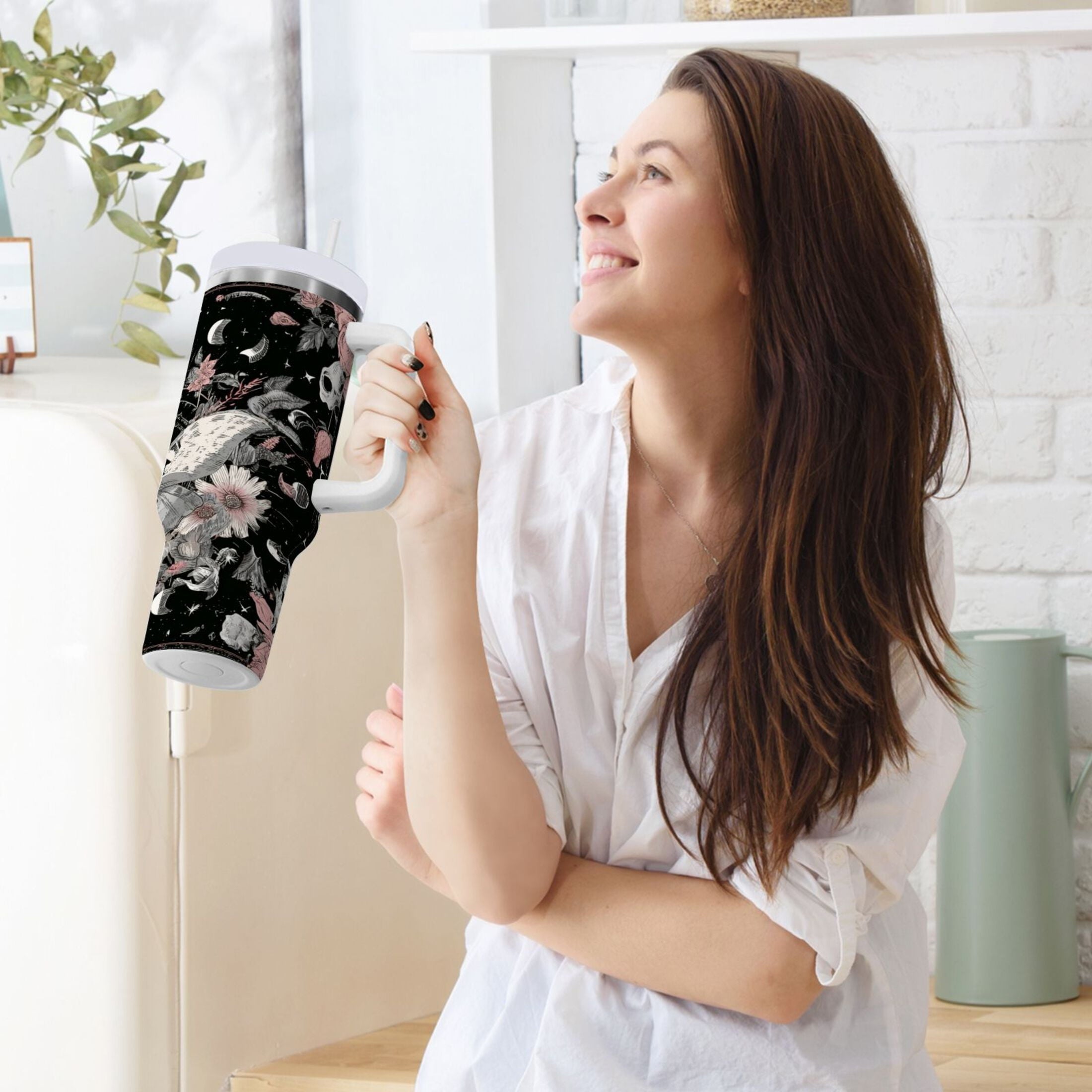 40 oz Insulated Stainless Steel Tumbler Double Wall Stainless Steel Tumbler with 2-Way Drinking Butterfly Surrounded by Flowers - Choice 564