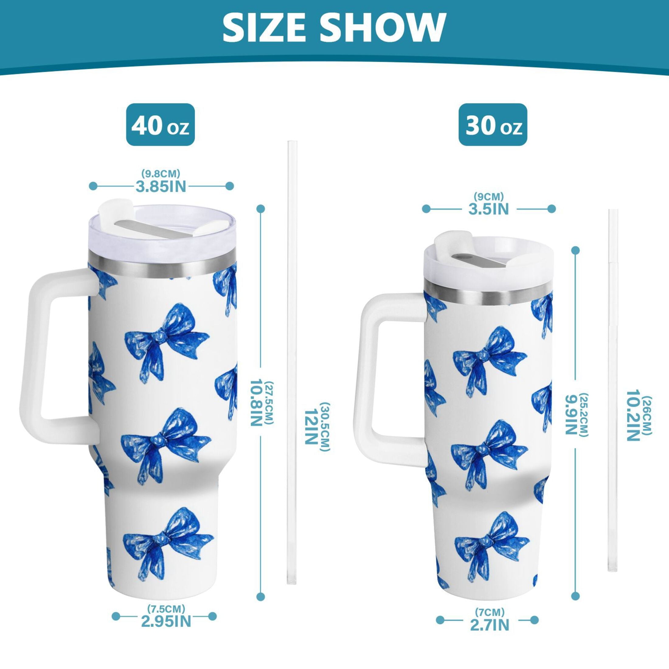 30 oz Insulated Stainless Steel Tumbler Double Wall Stainless Steel Tumbler with 2-Way Drinking Blue Bows Pattern - Choice 555