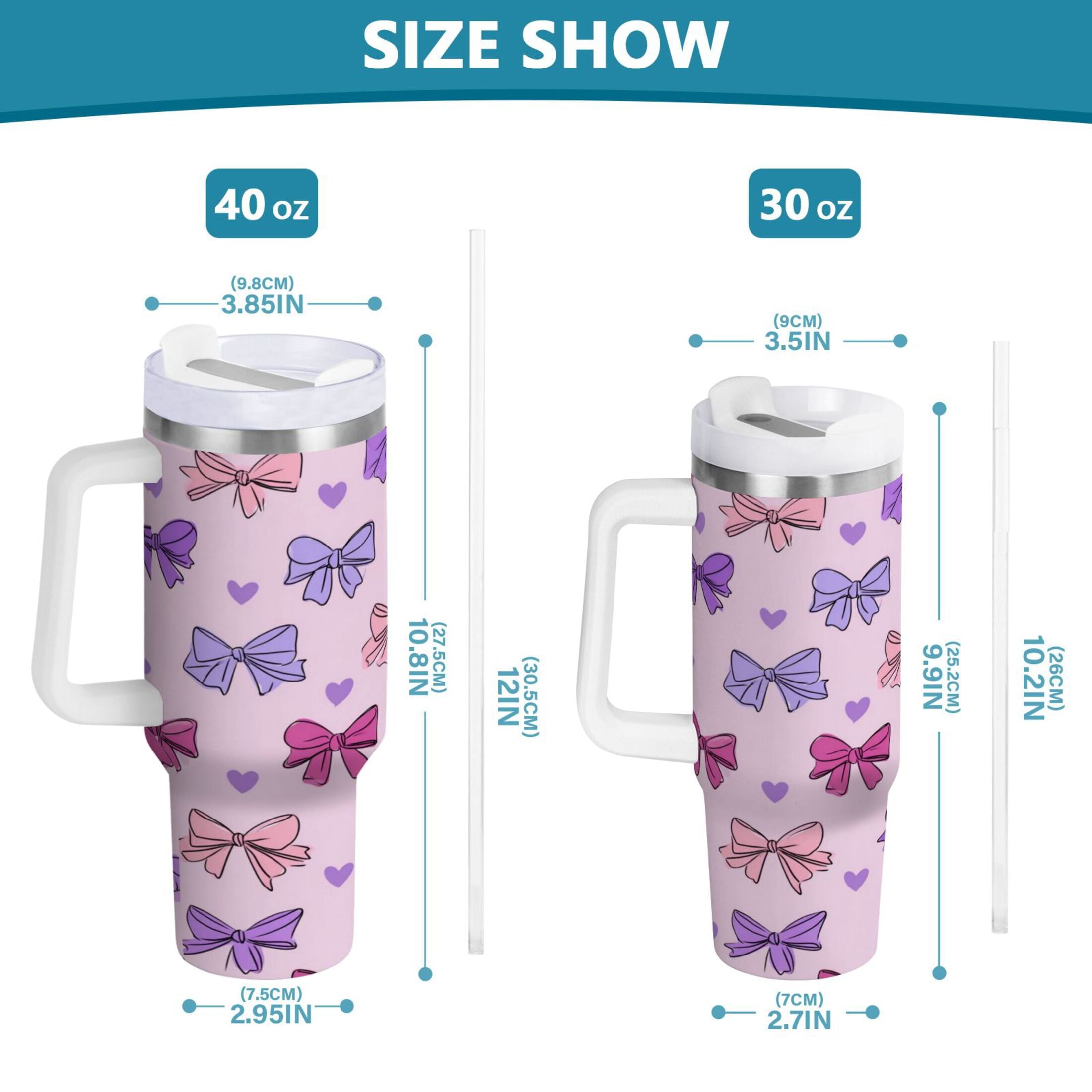 30 oz Insulated Stainless Steel Tumbler Double Wall Stainless Steel Tumbler with 2-Way Drinking Bows and Heart Pattern - Choice 586