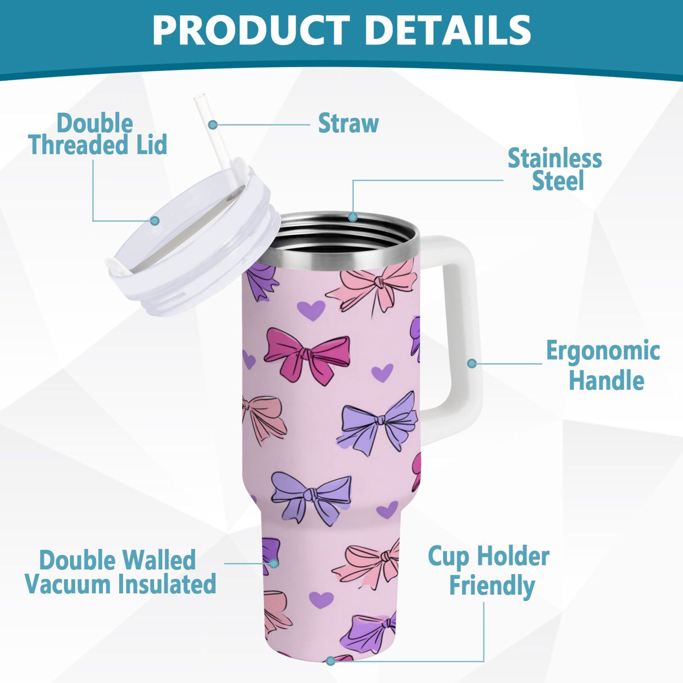30 oz Insulated Stainless Steel Tumbler Double Wall Stainless Steel Tumbler with 2-Way Drinking Bows and Heart Pattern - Choice 586