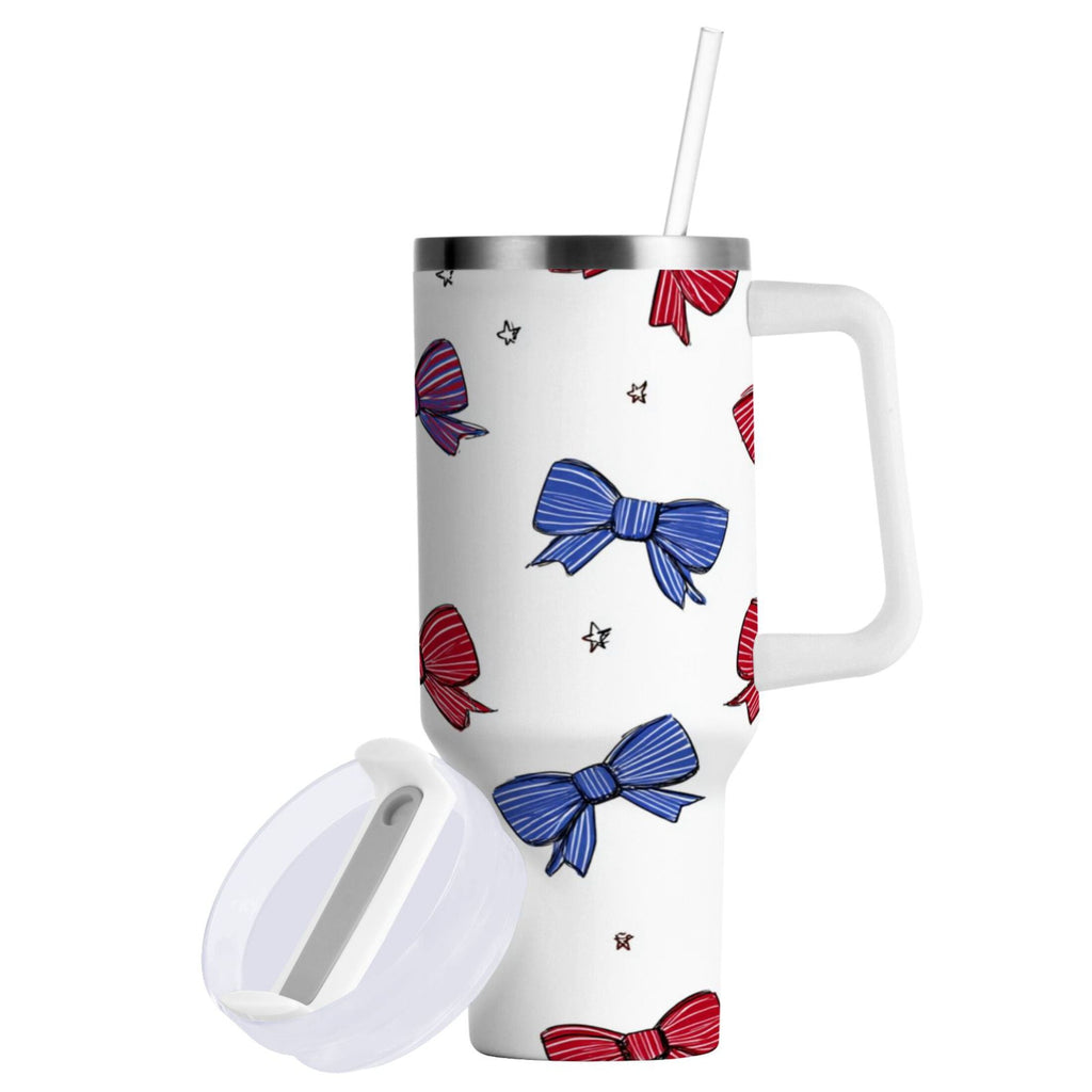 30 oz Insulated Stainless Steel Tumbler Double Wall Stainless Steel Tumbler with 2-Way Drinking Red and Blue Stripe Bows - Choice 637
