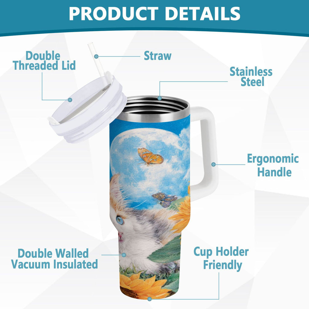 40 oz Insulated Stainless Steel Tumbler Double Wall Stainless Steel Tumbler with 2-Way Drinking Playful Cat Lying Sunflowers - Choice 895