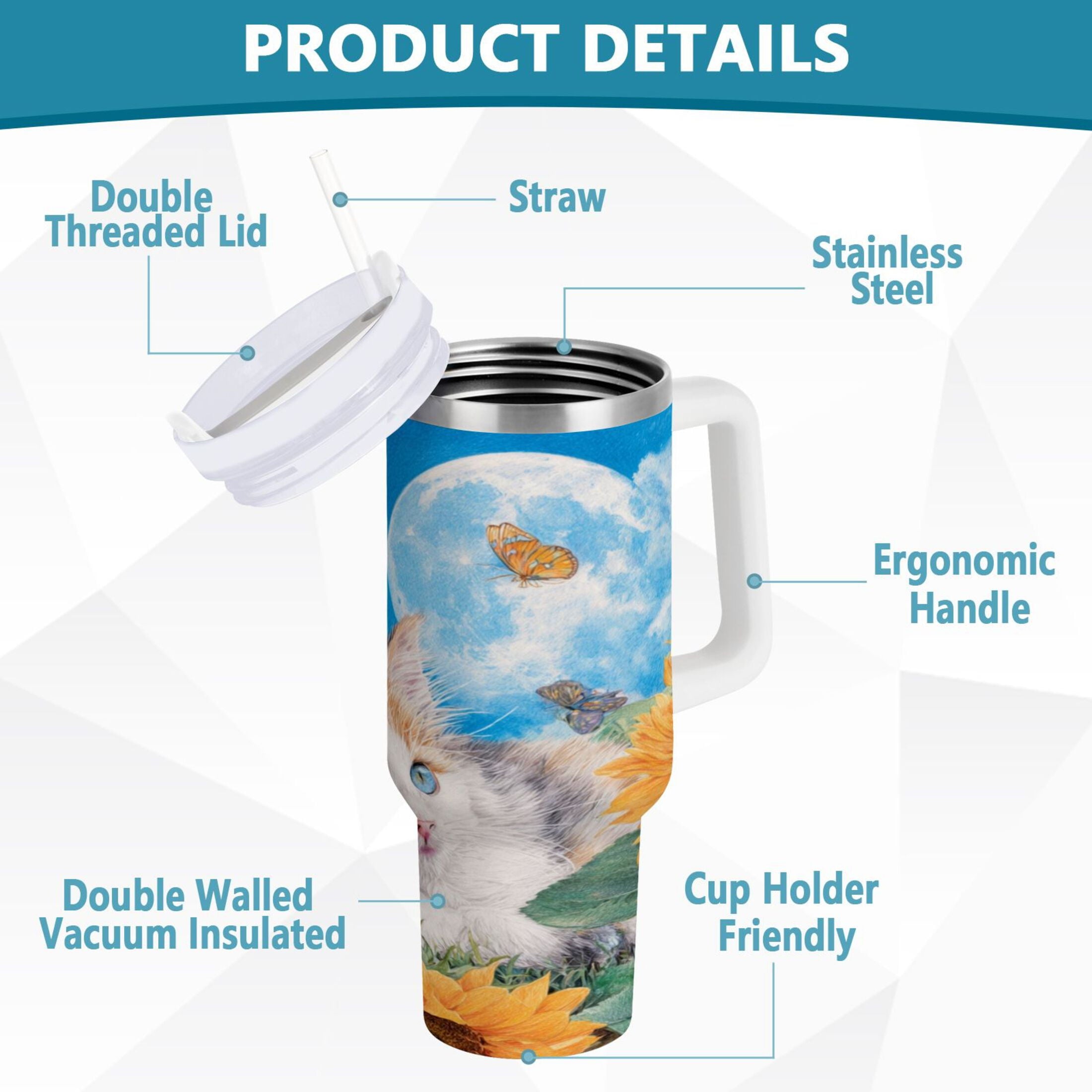 40 oz Insulated Stainless Steel Tumbler Double Wall Stainless Steel Tumbler with 2-Way Drinking Playful Cat Lying Sunflowers - Choice 895
