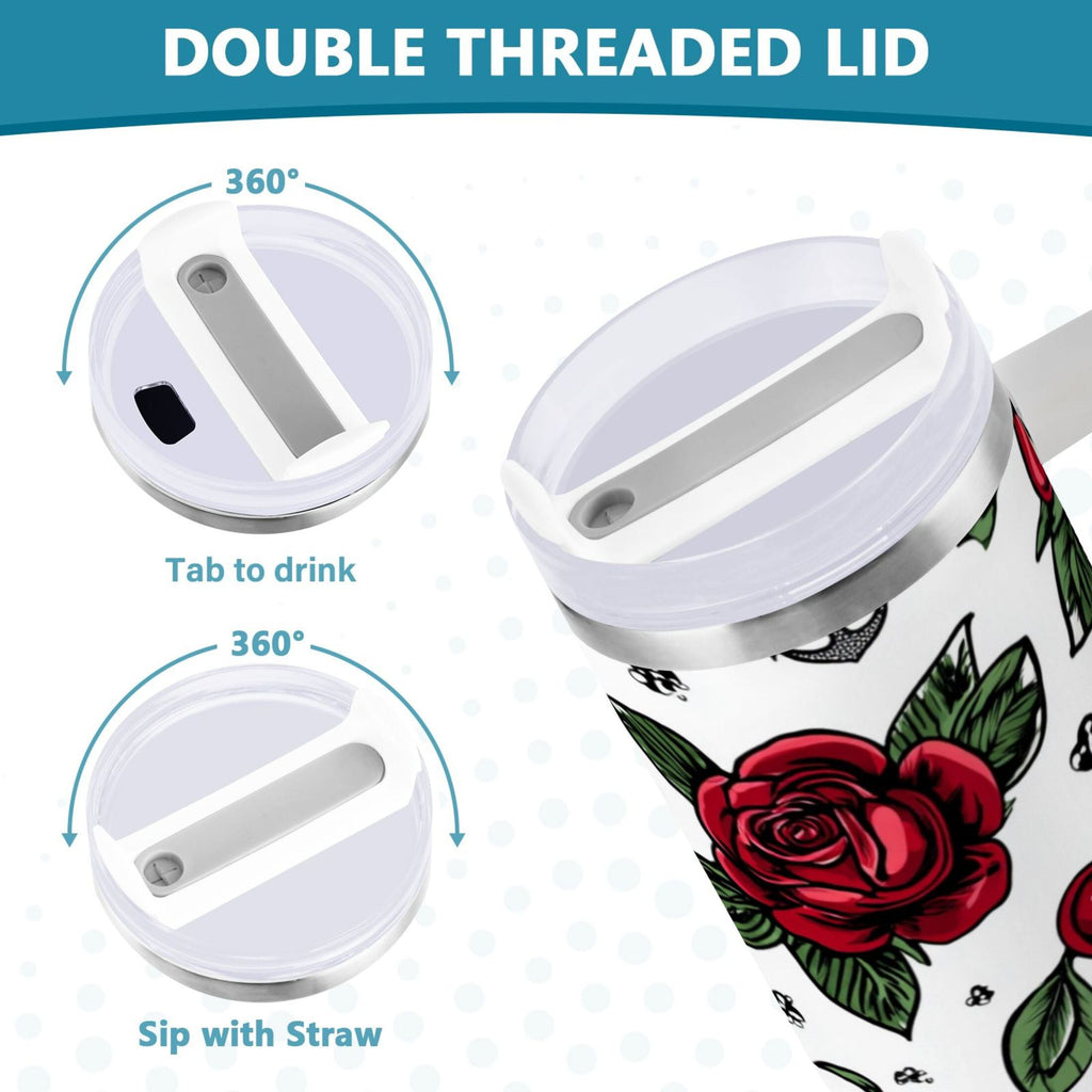 40 oz Insulated Stainless Steel Tumbler Double Wall Stainless Steel Tumbler with 2-Way Drinking Red Roses and Cherries - Choice 537