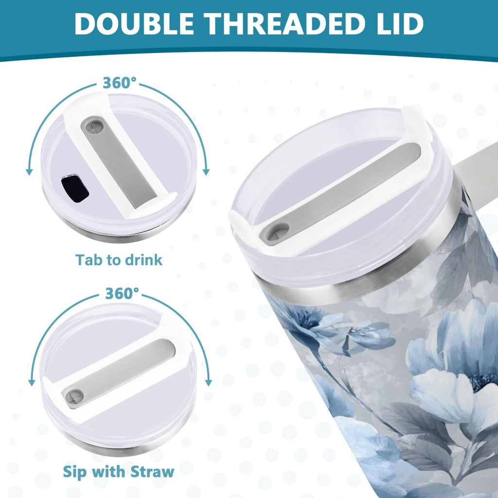 40 oz Insulated Stainless Steel Tumbler Double Wall Stainless Steel Tumbler with 2-Way Drinking White Floral Pattern - Choice 733