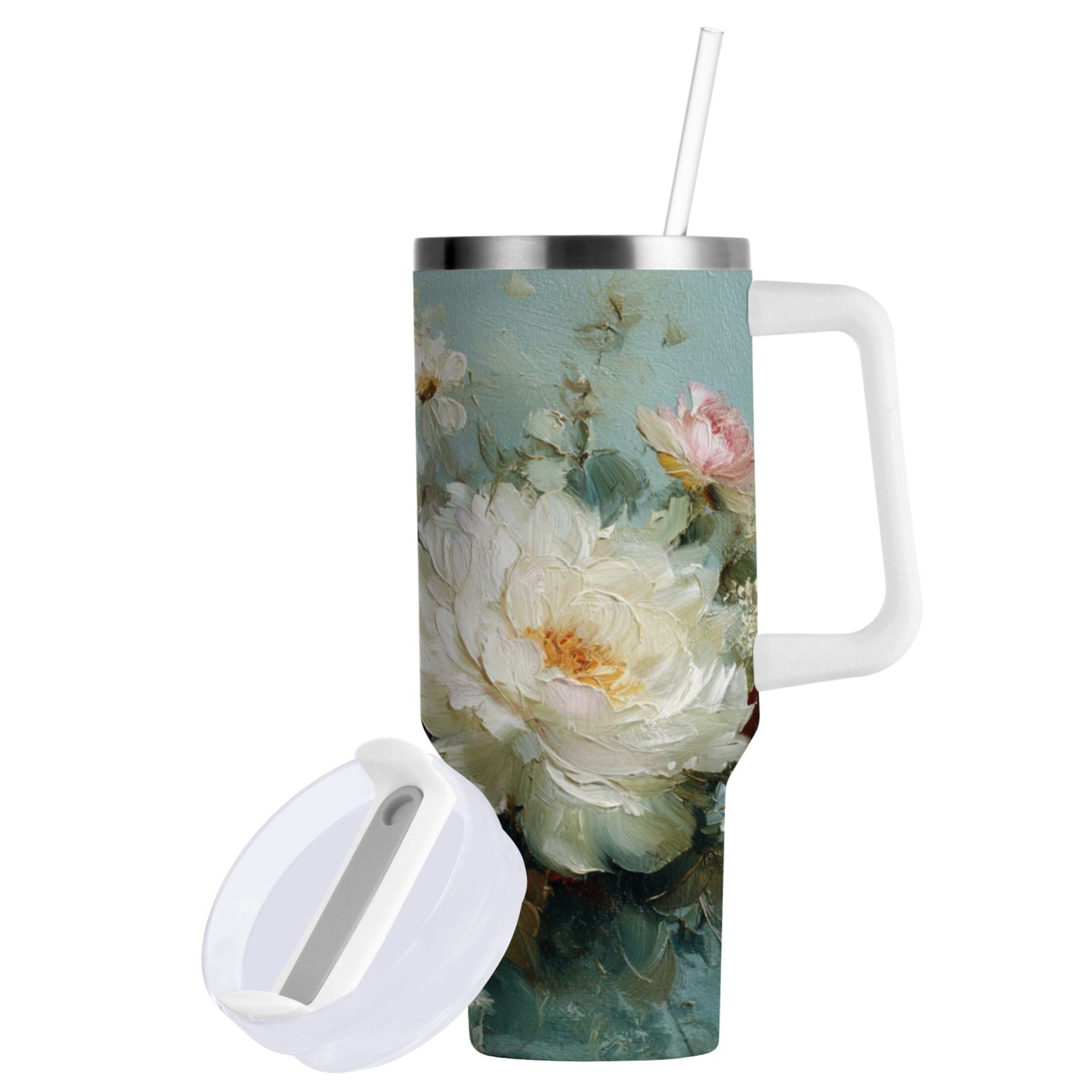 40 oz Insulated Stainless Steel Tumbler Double Wall Stainless Steel Tumbler with 2-Way Drinking Vintage Peonies and Daisies - Choice 233