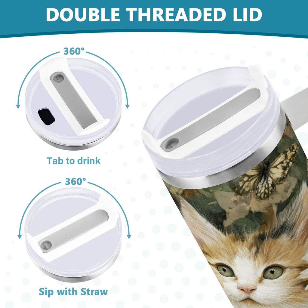 30 oz Insulated Stainless Steel Tumbler Double Wall Stainless Steel Tumbler with 2-Way Drinking Adorable Cats and Daisies - Choice 403