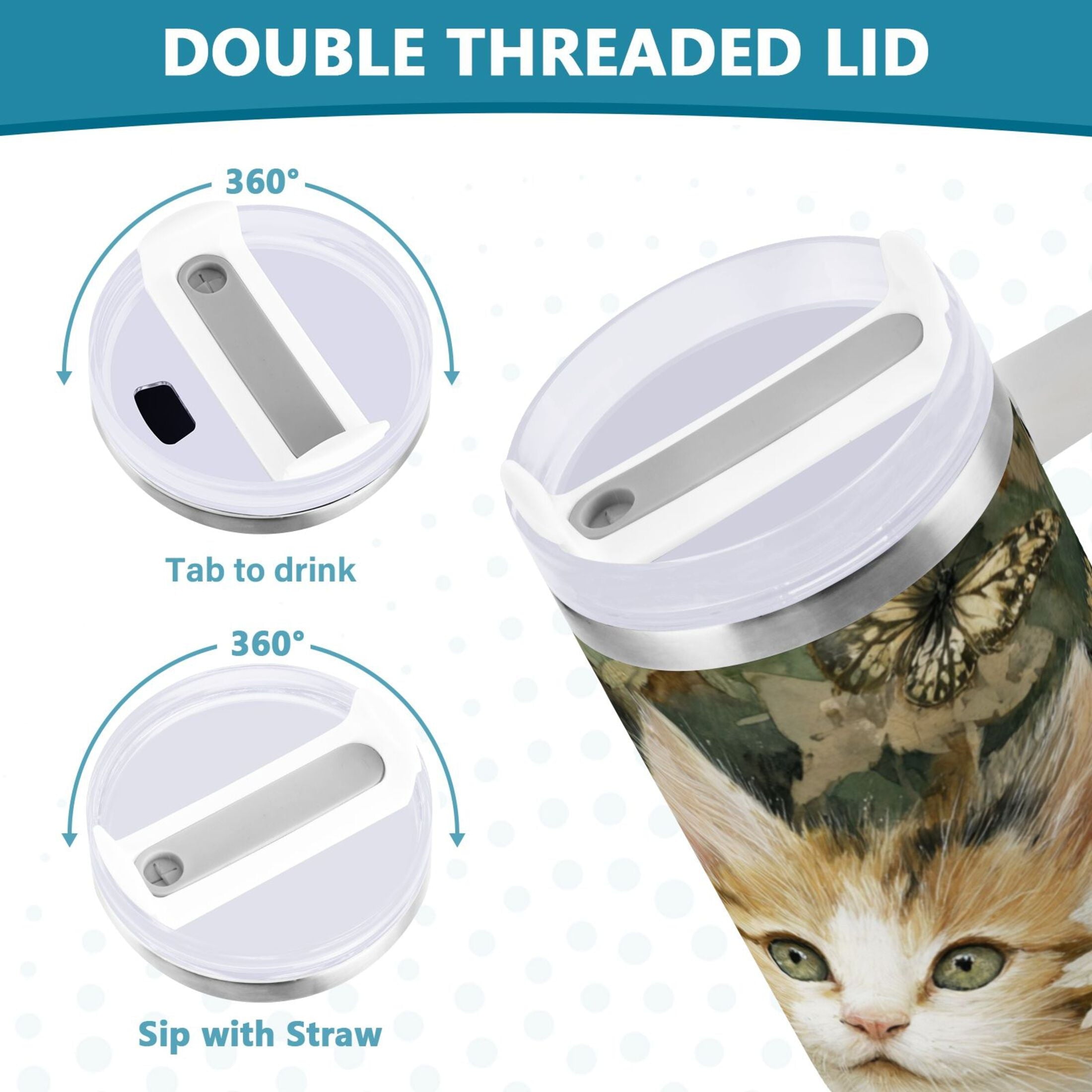 30 oz Insulated Stainless Steel Tumbler Double Wall Stainless Steel Tumbler with 2-Way Drinking Adorable Cats and Daisies - Choice 403