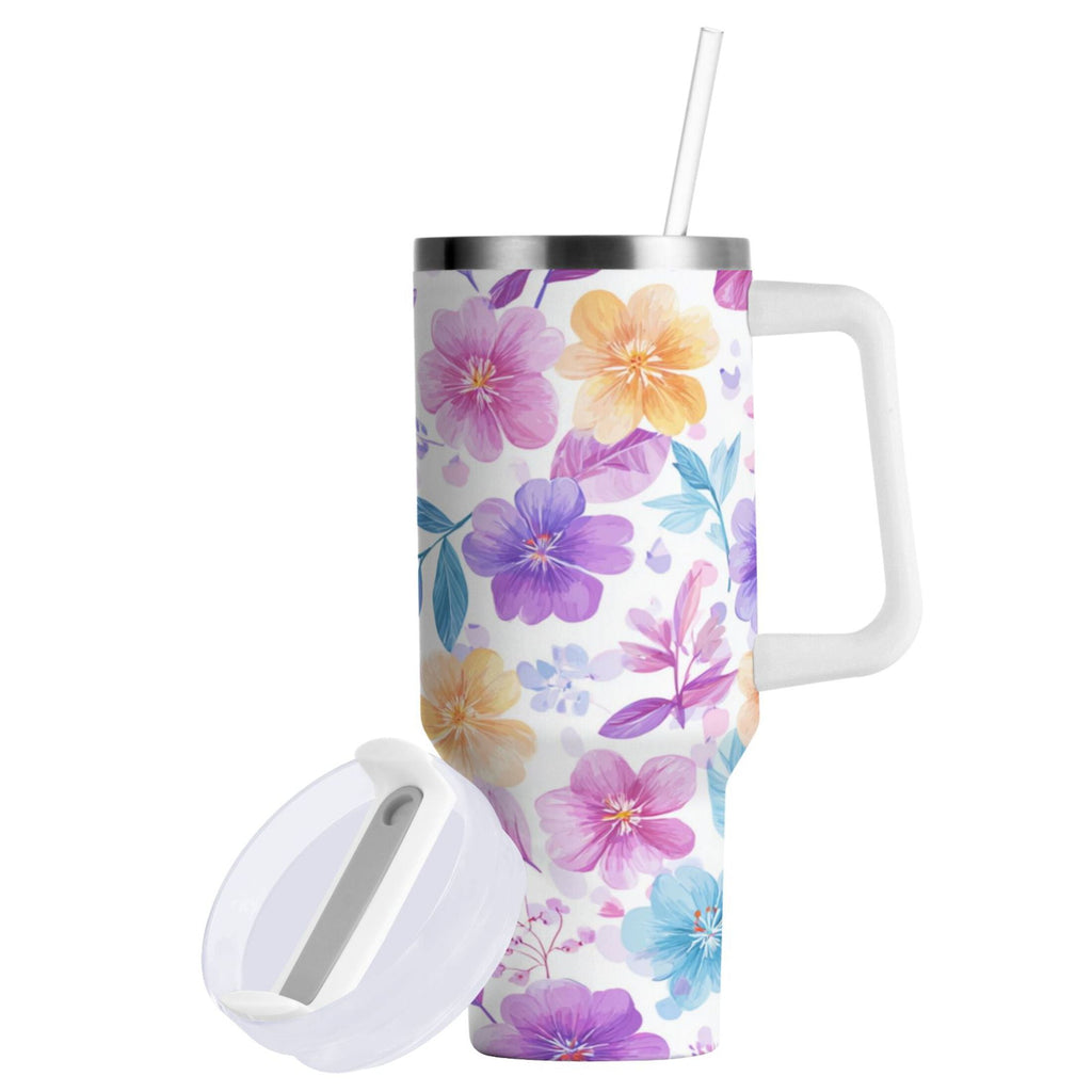 30 oz Insulated Stainless Steel Tumbler Double Wall Stainless Steel Tumbler with 2-Way Drinking Pink and Purple Flowers - Choice 437