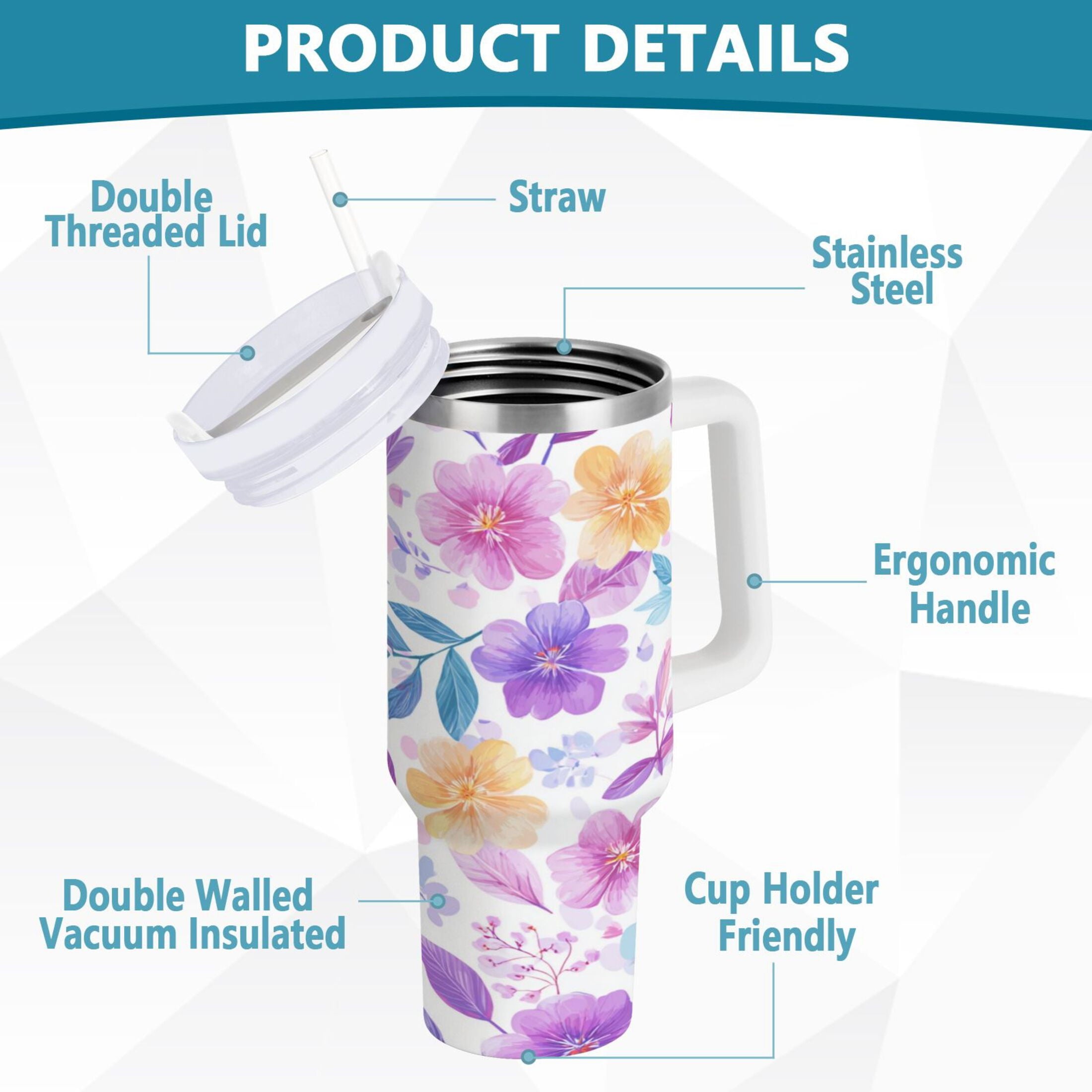 30 oz Insulated Stainless Steel Tumbler Double Wall Stainless Steel Tumbler with 2-Way Drinking Pink and Purple Flowers - Choice 437