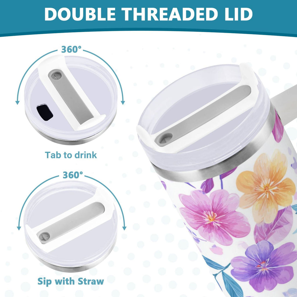 30 oz Insulated Stainless Steel Tumbler Double Wall Stainless Steel Tumbler with 2-Way Drinking Pink and Purple Flowers - Choice 437