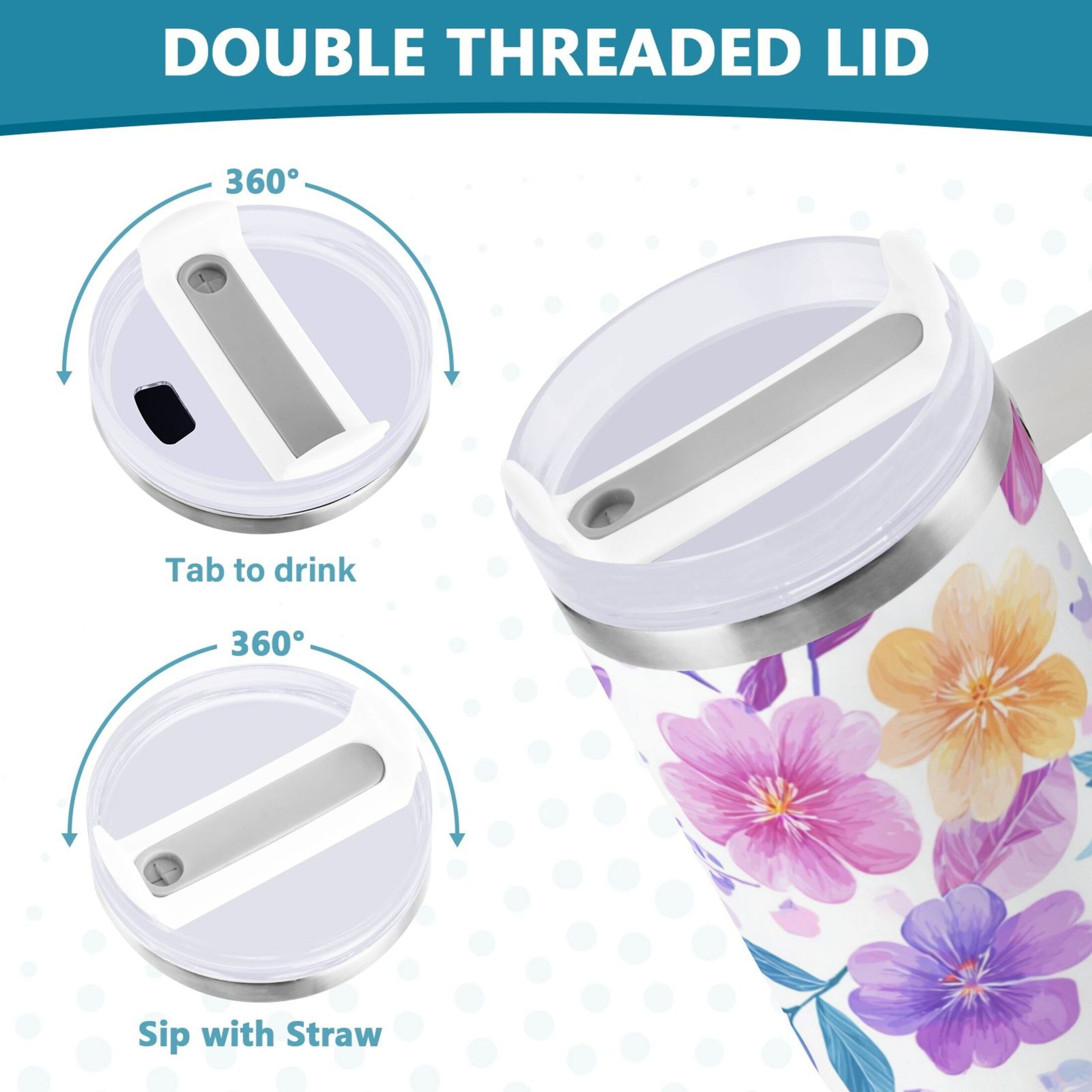 30 oz Insulated Stainless Steel Tumbler Double Wall Stainless Steel Tumbler with 2-Way Drinking Pink and Purple Flowers - Choice 437
