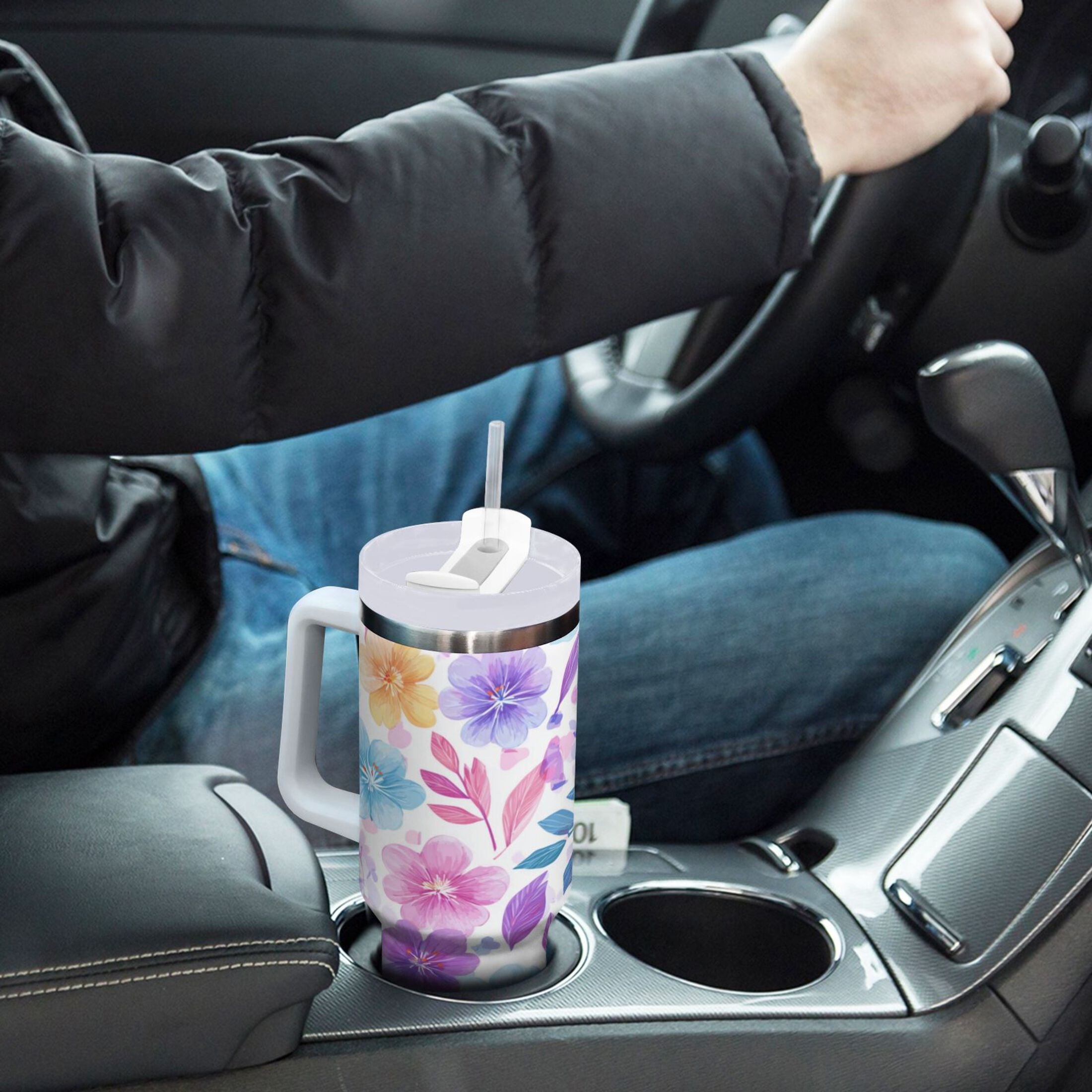 30 oz Insulated Stainless Steel Tumbler Double Wall Stainless Steel Tumbler with 2-Way Drinking Pink and Purple Flowers - Choice 437