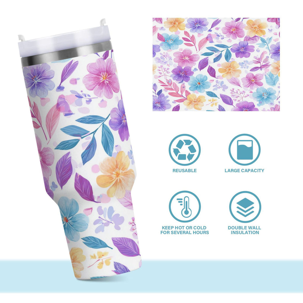 30 oz Insulated Stainless Steel Tumbler Double Wall Stainless Steel Tumbler with 2-Way Drinking Pink and Purple Flowers - Choice 437