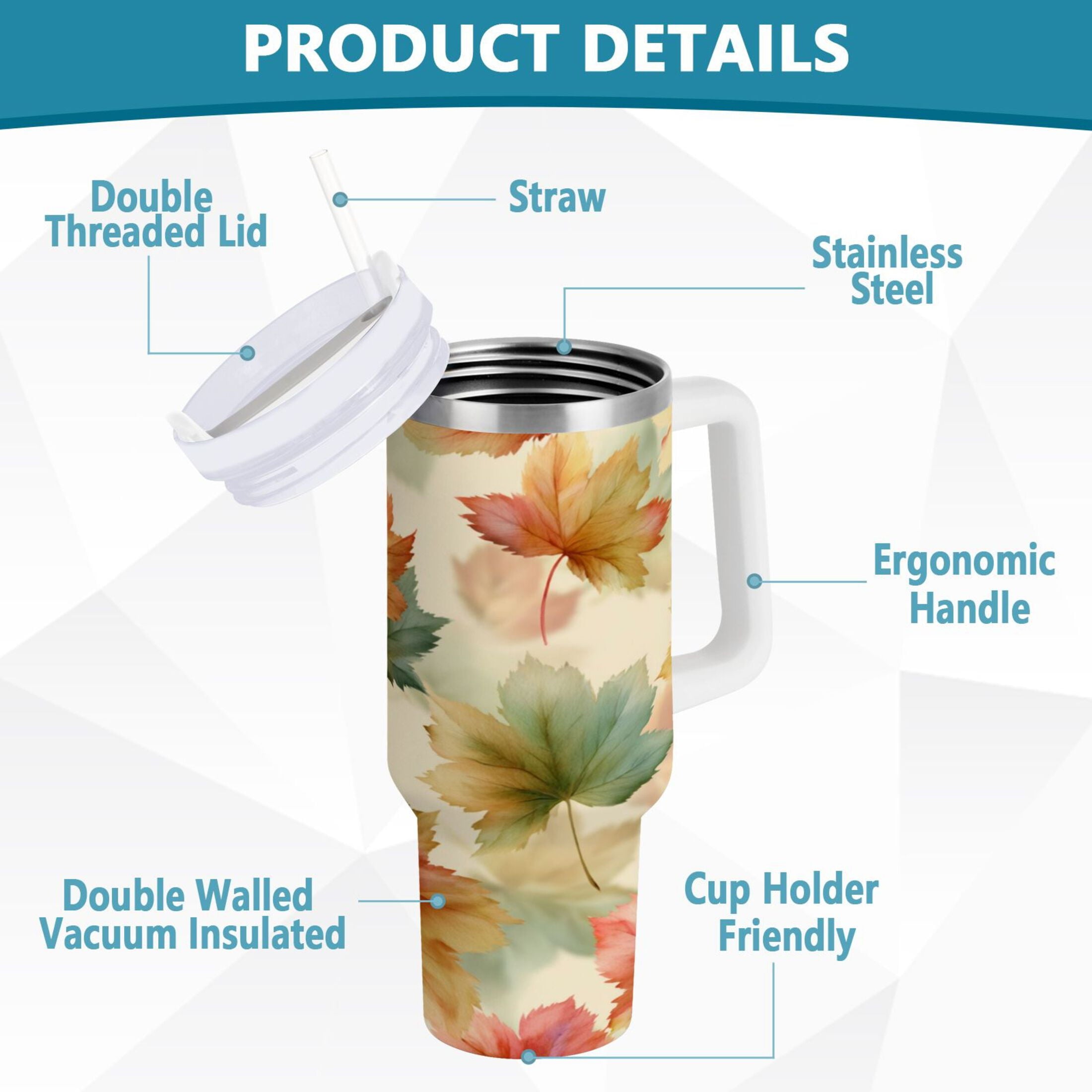 40 oz Insulated Stainless Steel Tumbler Double Wall Stainless Steel Tumbler with 2-Way Drinking Watercolor Maple Leaves Pattern - Choice 666