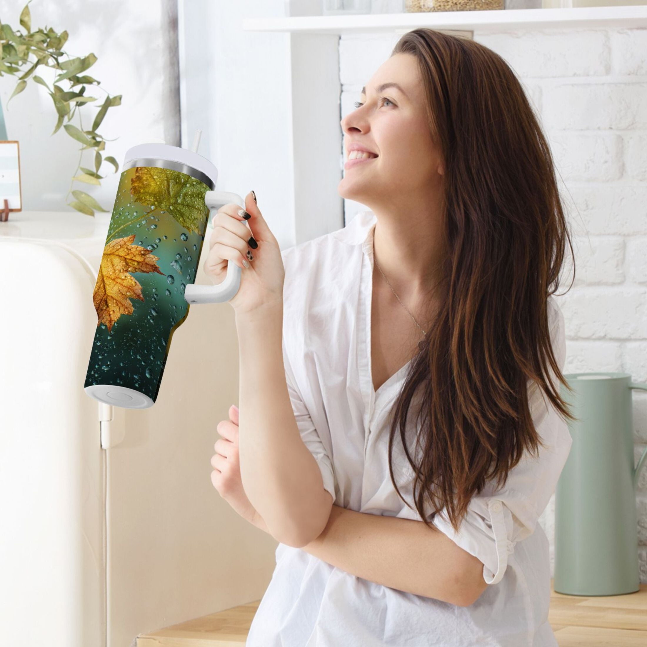 30 oz Insulated Stainless Steel Tumbler Double Wall Stainless Steel Tumbler with 2-Way Drinking Leaves with Water Droplets - Choice 218
