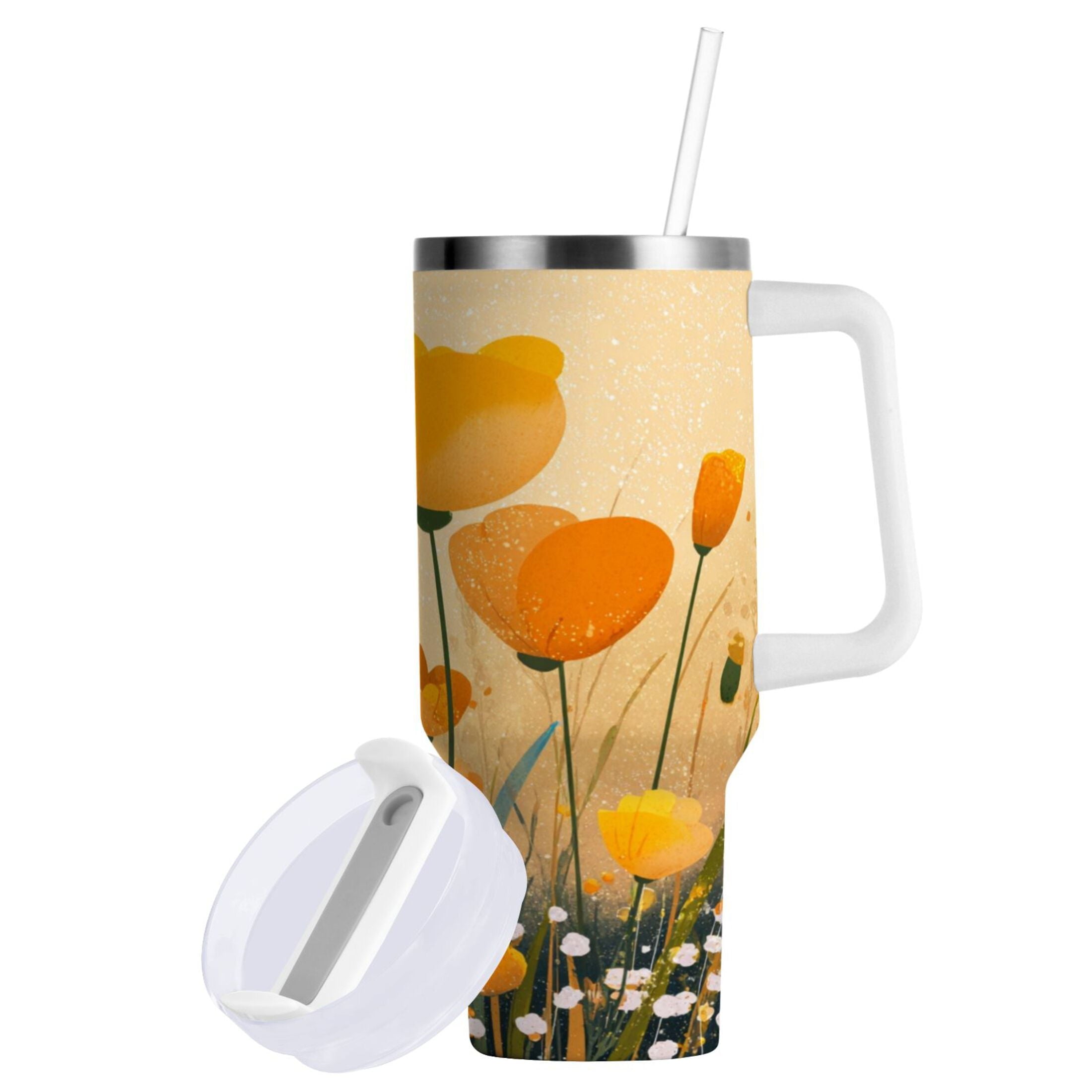 30 oz Insulated Stainless Steel Tumbler Double Wall Stainless Steel Tumbler with 2-Way Drinking Yellow Flowers on The Grass - Choice 300