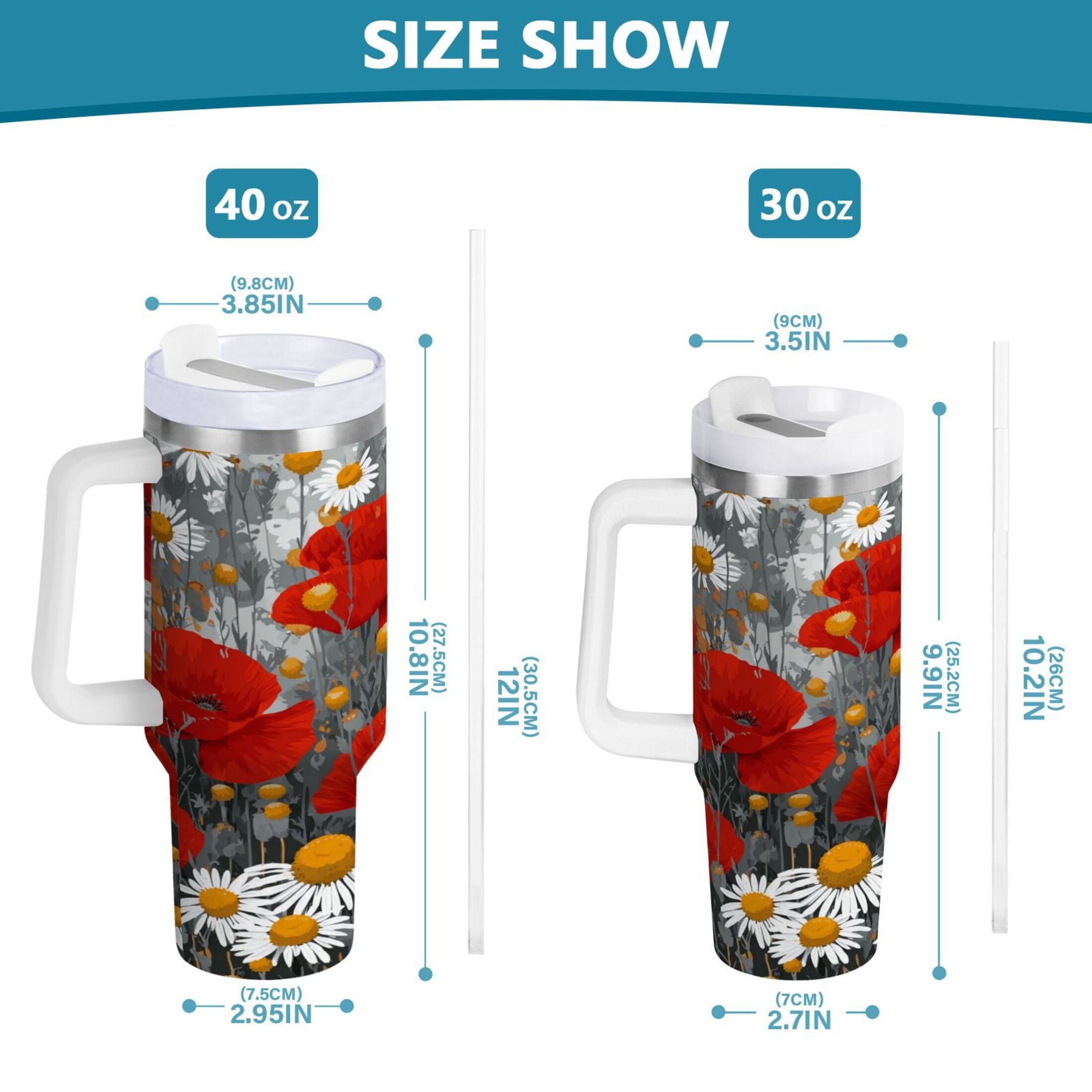 40 oz Insulated Stainless Steel Tumbler Double Wall Stainless Steel Tumbler with 2-Way Drinking Red Flowers and Daisies - Choice 804