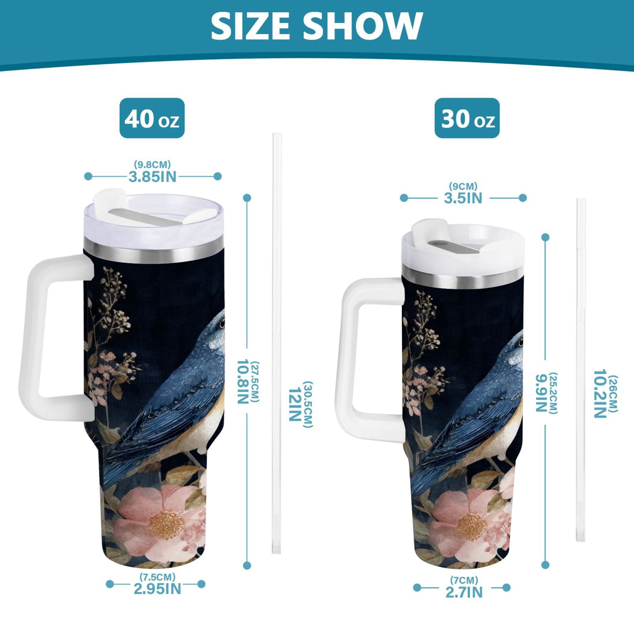 30 oz Insulated Stainless Steel Tumbler Double Wall Stainless Steel Tumbler with 2-Way Drinking Watercolor Vintage Blue Bird - Choice 550