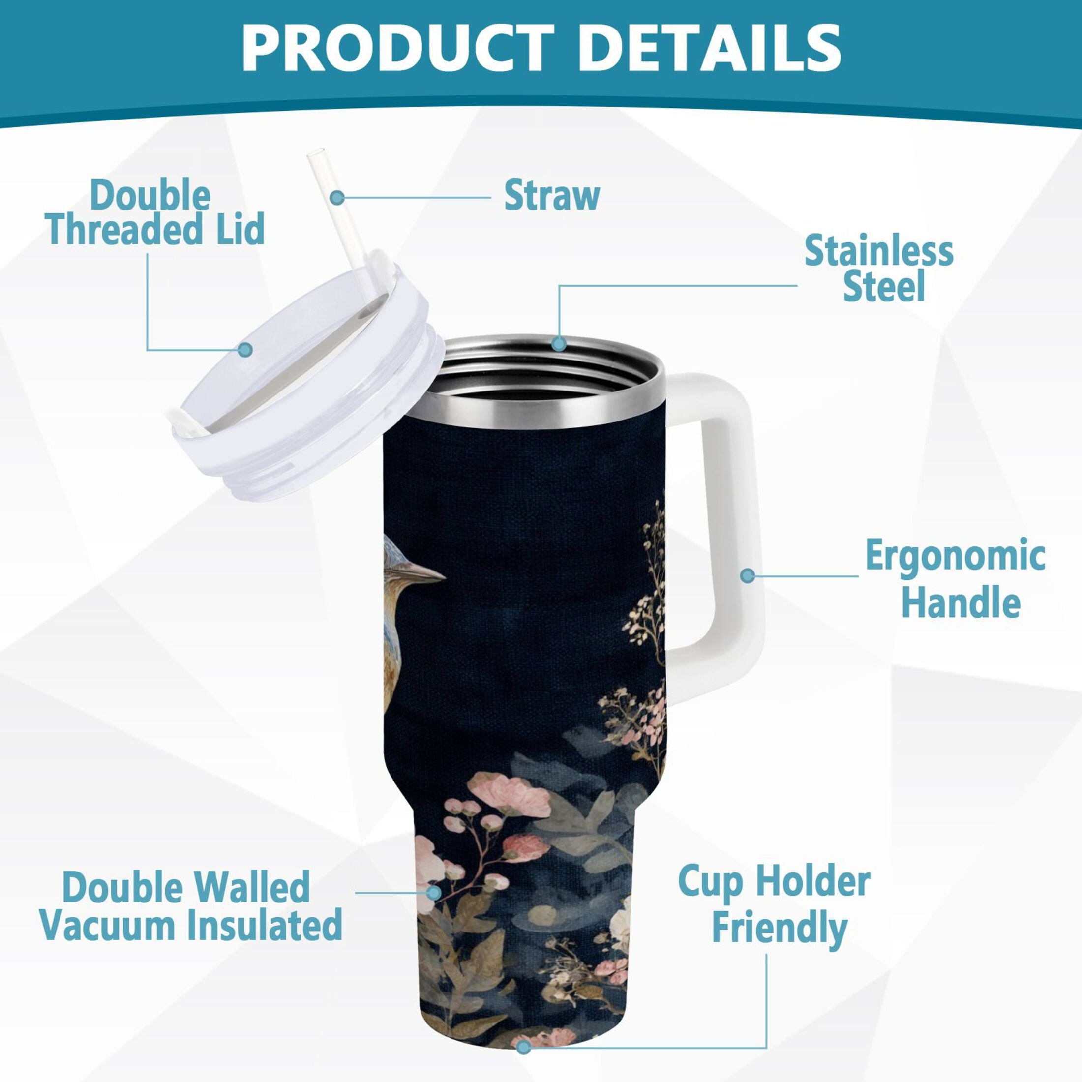 30 oz Insulated Stainless Steel Tumbler Double Wall Stainless Steel Tumbler with 2-Way Drinking Watercolor Vintage Blue Bird - Choice 550
