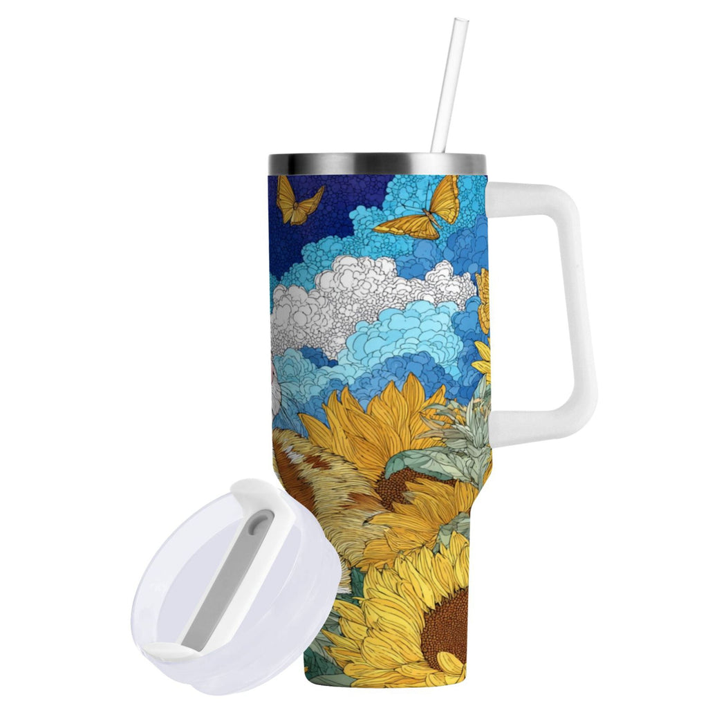 40 oz Insulated Stainless Steel Tumbler Double Wall Stainless Steel Tumbler with 2-Way Drinking Cat Lies in The Sunflowers - Choice 530