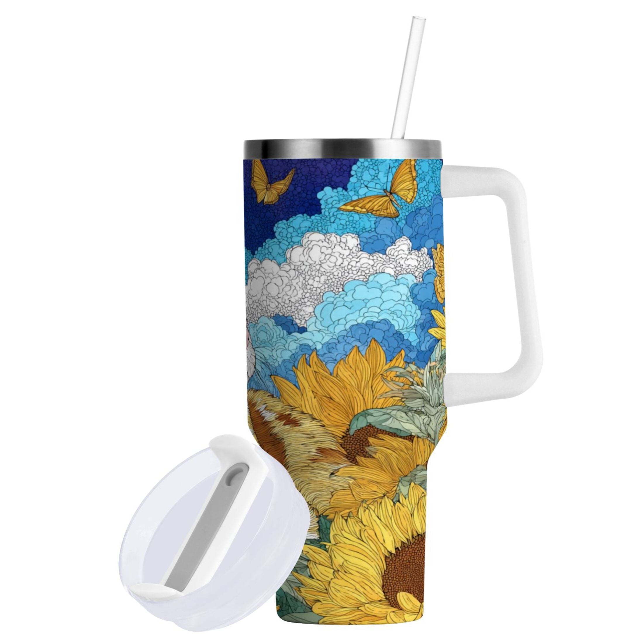 40 oz Insulated Stainless Steel Tumbler Double Wall Stainless Steel Tumbler with 2-Way Drinking Cat Lies in The Sunflowers - Choice 530