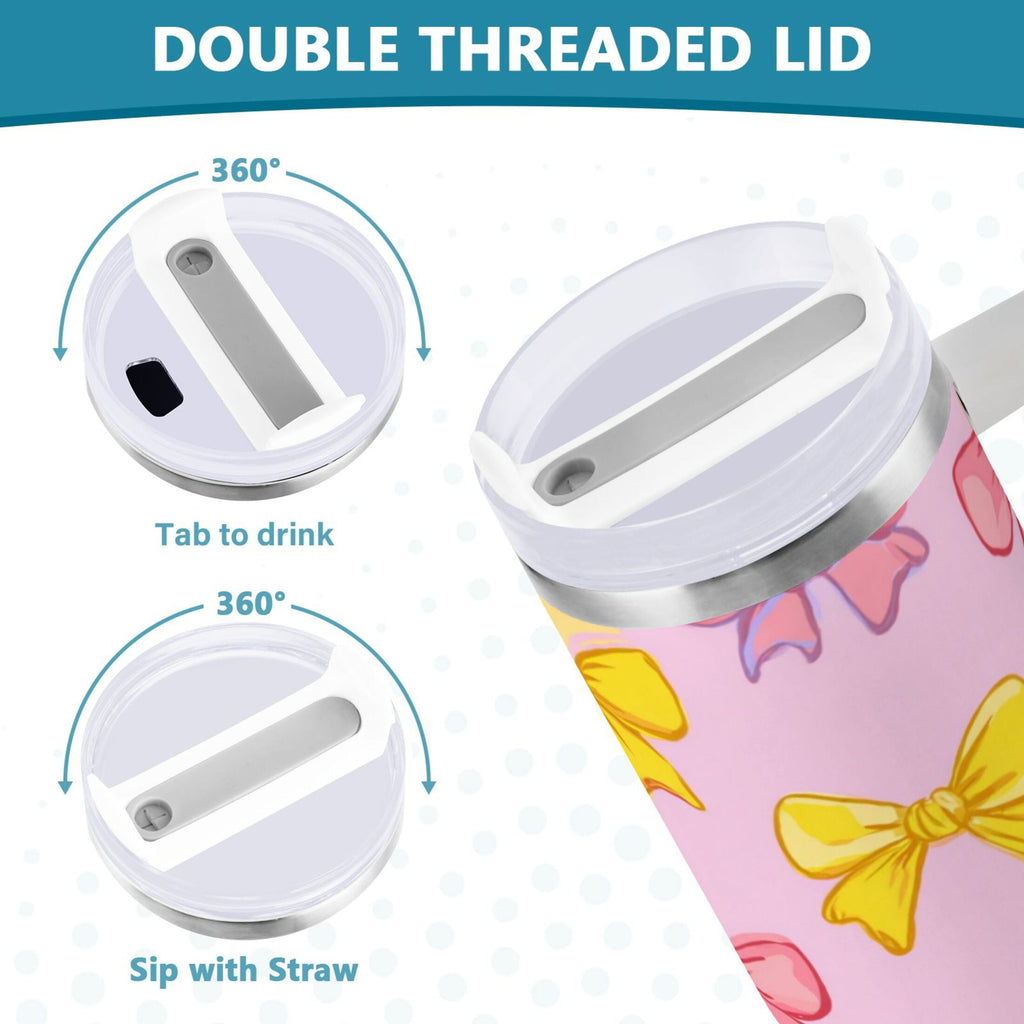 30 oz Insulated Stainless Steel Tumbler Double Wall Stainless Steel Tumbler with 2-Way Drinking Yellow and Pink Bows - Choice 374