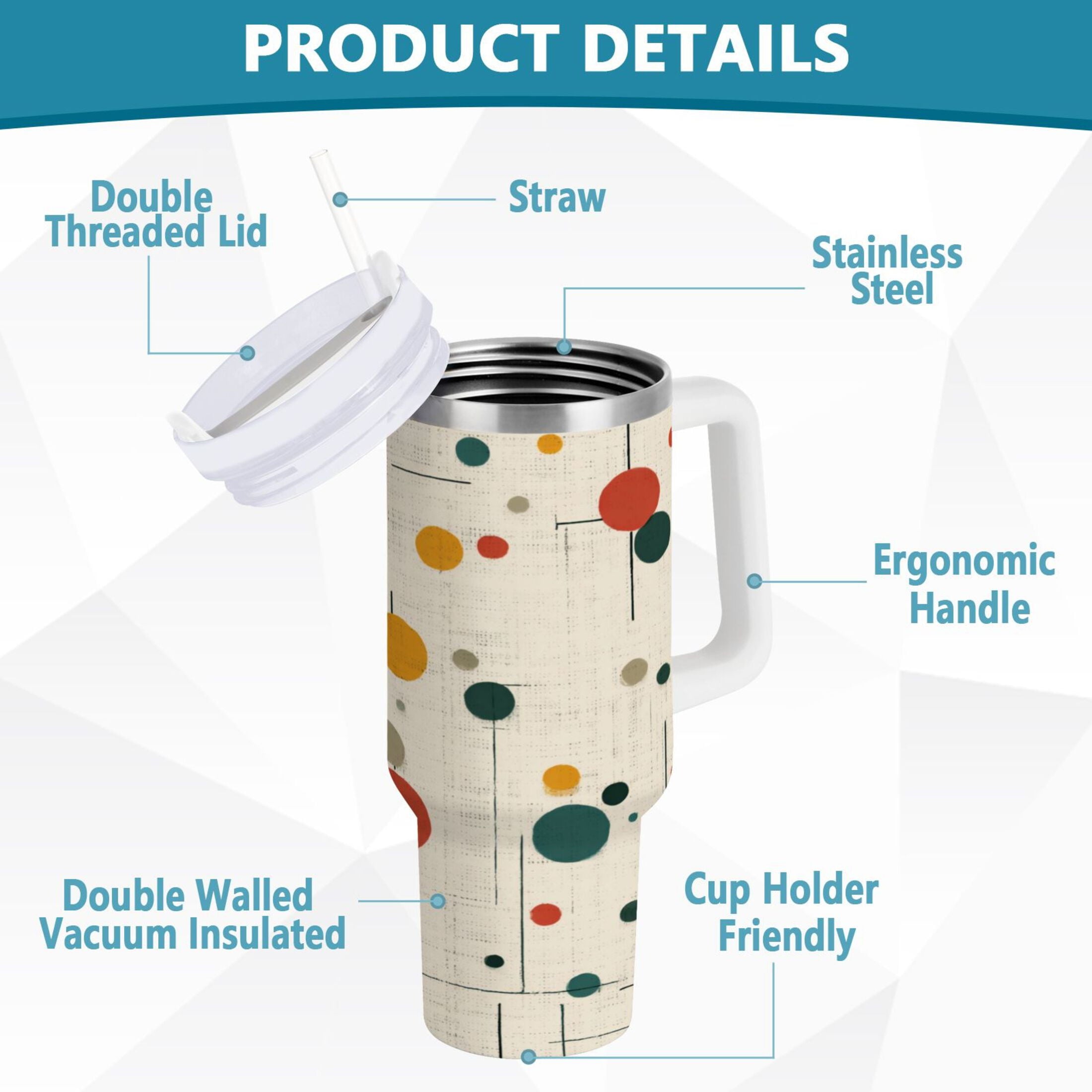30 oz Insulated Stainless Steel Tumbler Double Wall Stainless Steel Tumbler with 2-Way Drinking Colorful Dots and Lines - Choice 615