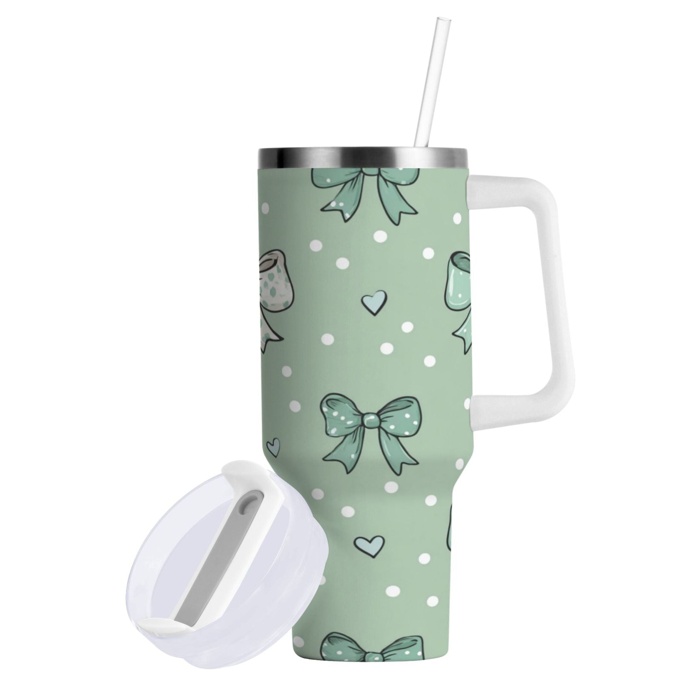 30 oz Insulated Stainless Steel Tumbler Double Wall Stainless Steel Tumbler with 2-Way Drinking Green and Mint Bows - Choice 428