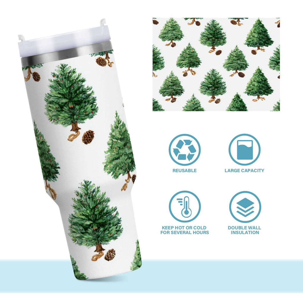 30 oz Insulated Stainless Steel Tumbler Double Wall Stainless Steel Tumbler with 2-Way Drinking Watercolor Green Christmas Tree - Choice 198