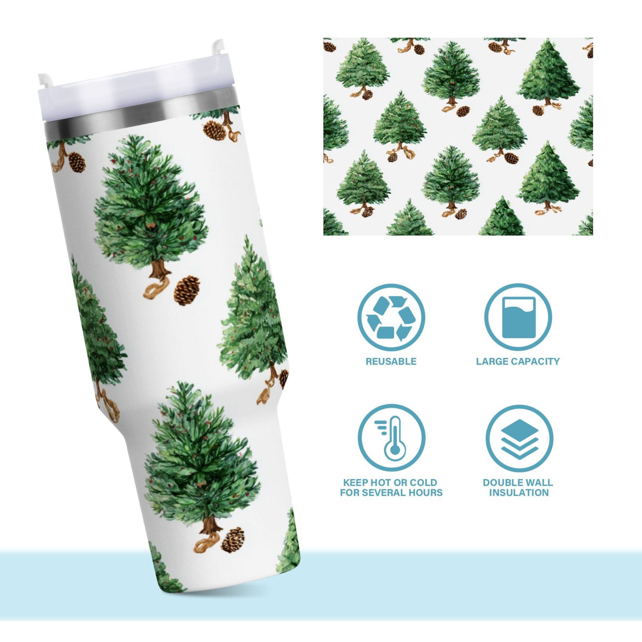30 oz Insulated Stainless Steel Tumbler Double Wall Stainless Steel Tumbler with 2-Way Drinking Watercolor Green Christmas Tree - Choice 198