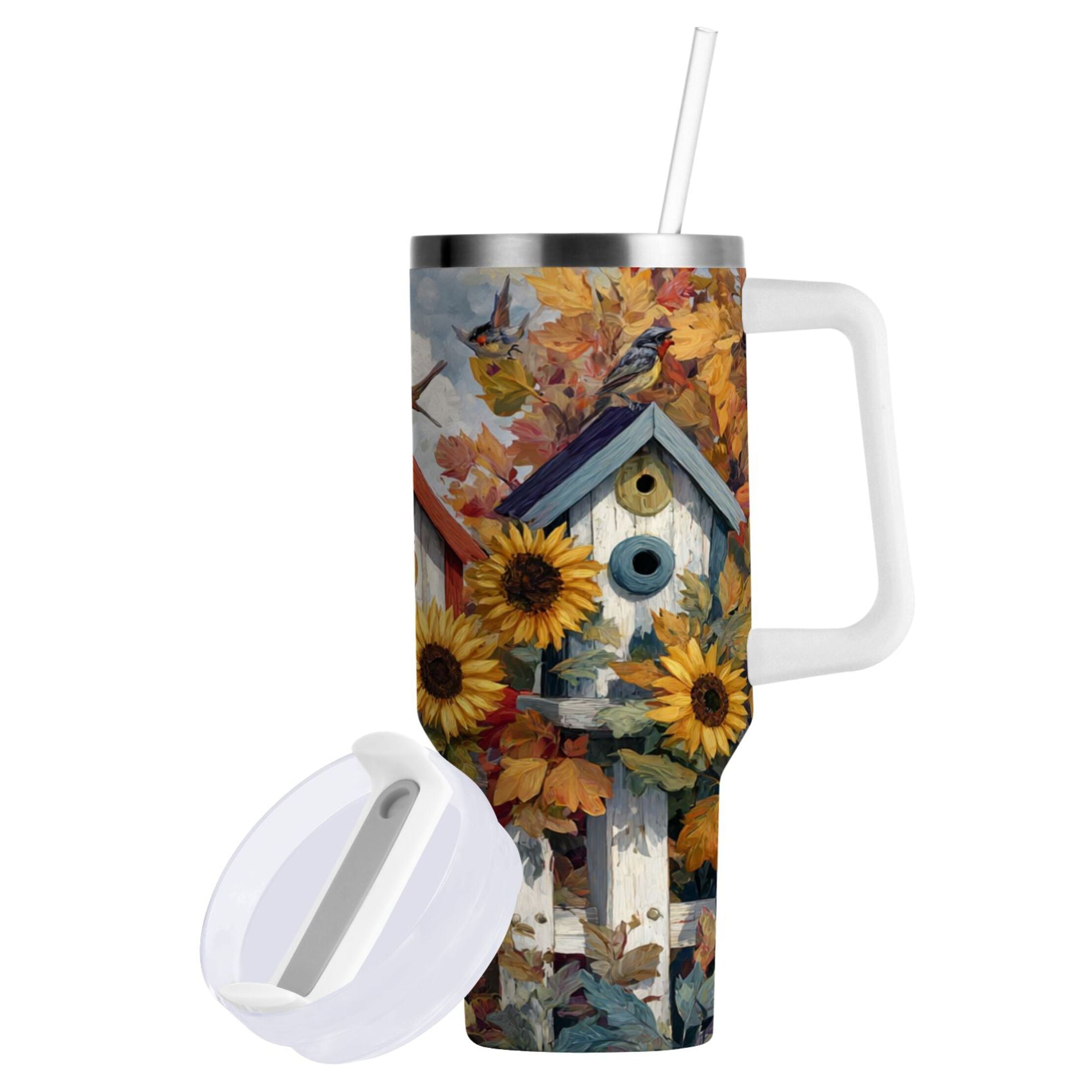 30 oz Insulated Stainless Steel Tumbler Double Wall Stainless Steel Tumbler with 2-Way Drinking Birdhouses with Sunflowers - Choice 603