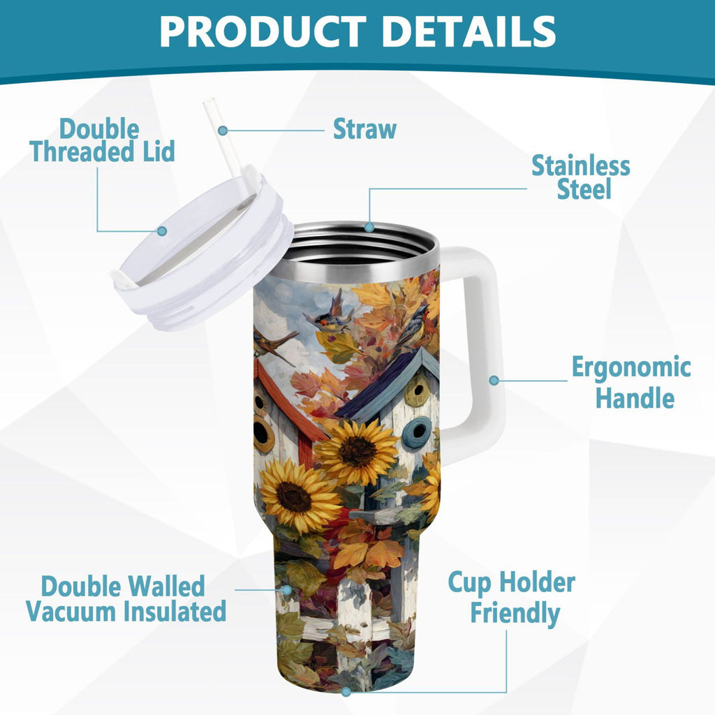 30 oz Insulated Stainless Steel Tumbler Double Wall Stainless Steel Tumbler with 2-Way Drinking Birdhouses with Sunflowers - Choice 603