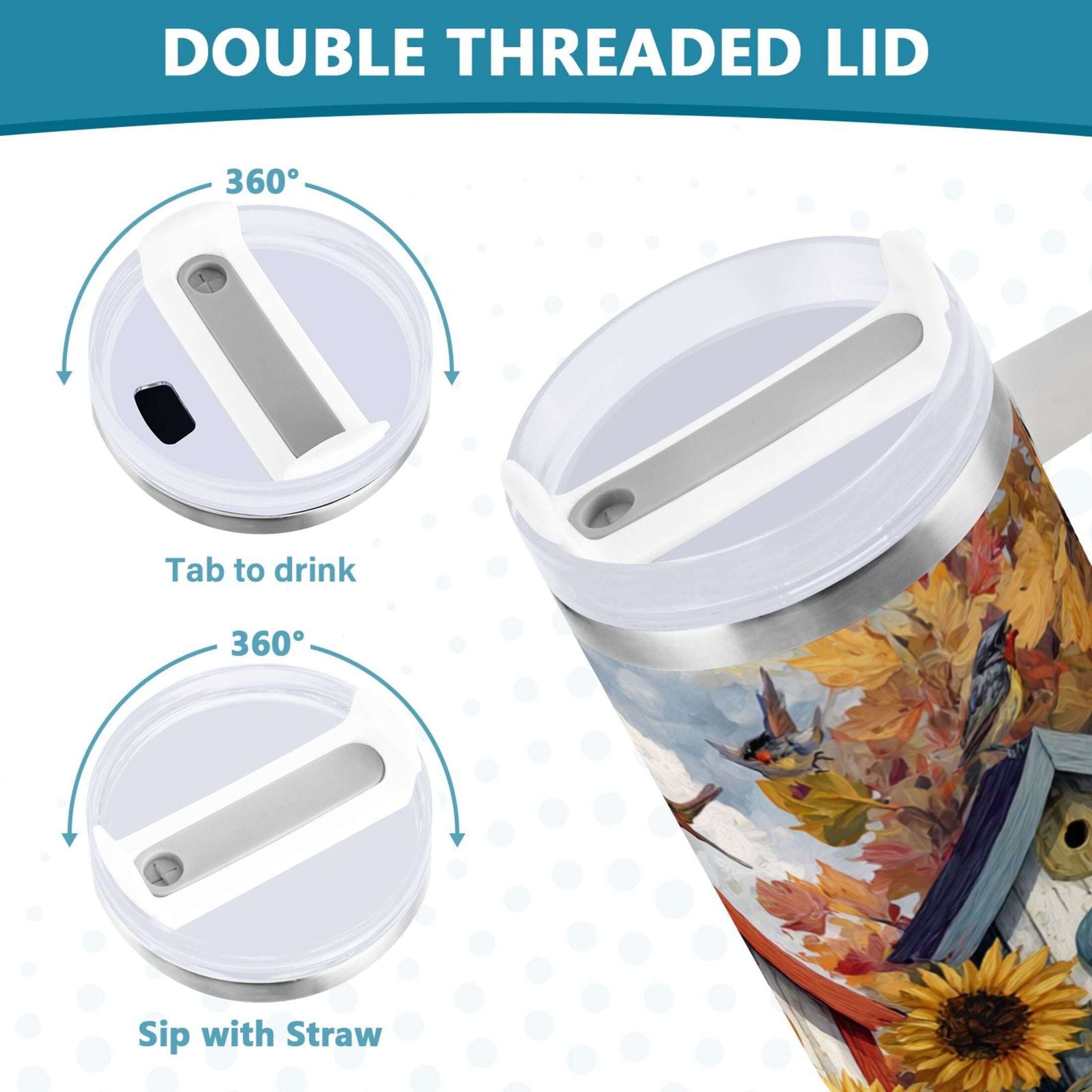 30 oz Insulated Stainless Steel Tumbler Double Wall Stainless Steel Tumbler with 2-Way Drinking Birdhouses with Sunflowers - Choice 603