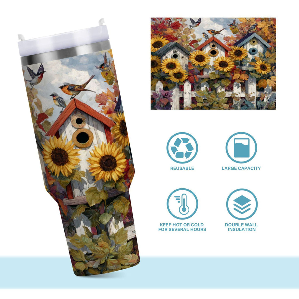 30 oz Insulated Stainless Steel Tumbler Double Wall Stainless Steel Tumbler with 2-Way Drinking Birdhouses with Sunflowers - Choice 603