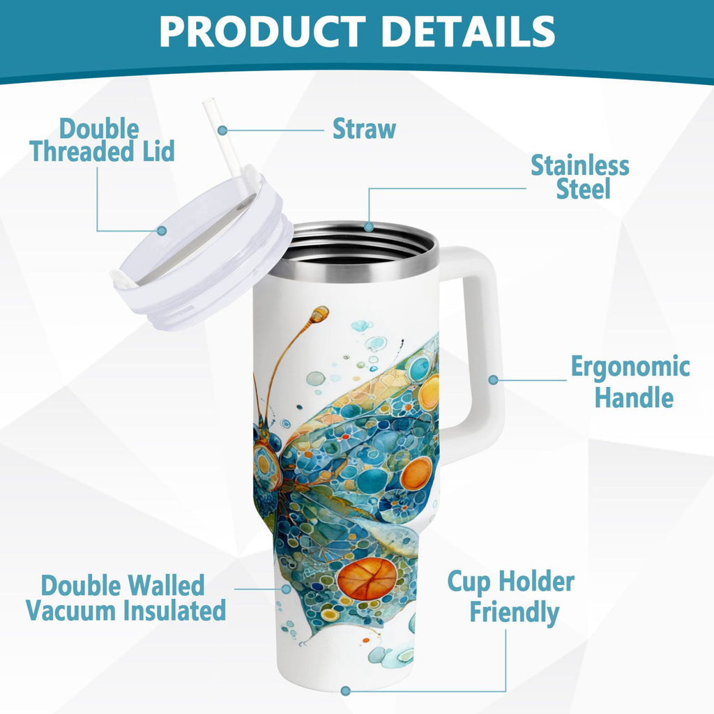 40 oz Insulated Stainless Steel Tumbler Double Wall Stainless Steel Tumbler with 2-Way Drinking Intricately Butterfly - Choice 662